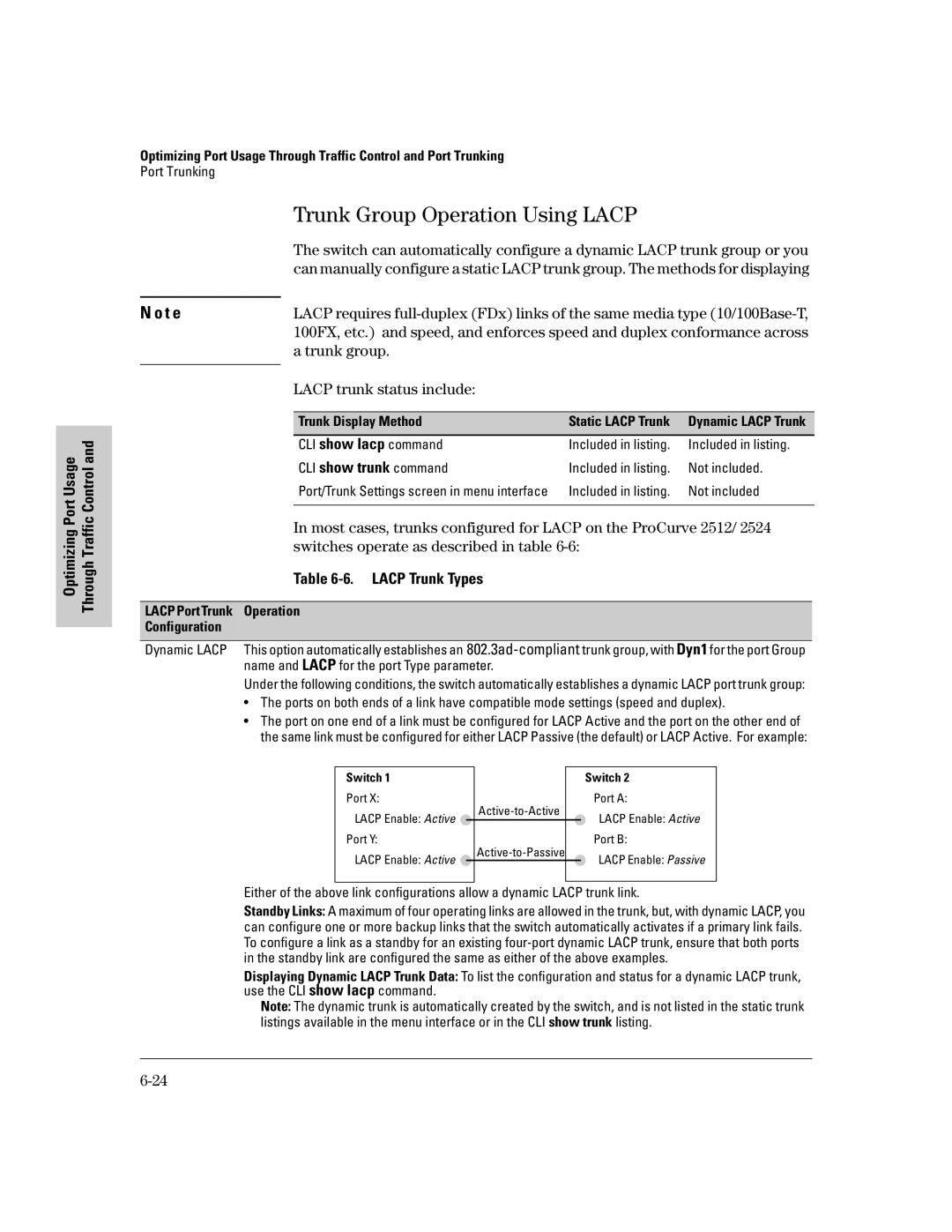 HP 2500 manual Trunk Group Operation Using Lacp, Trunk group, Lacp trunk status include, Lacp Trunk Types 