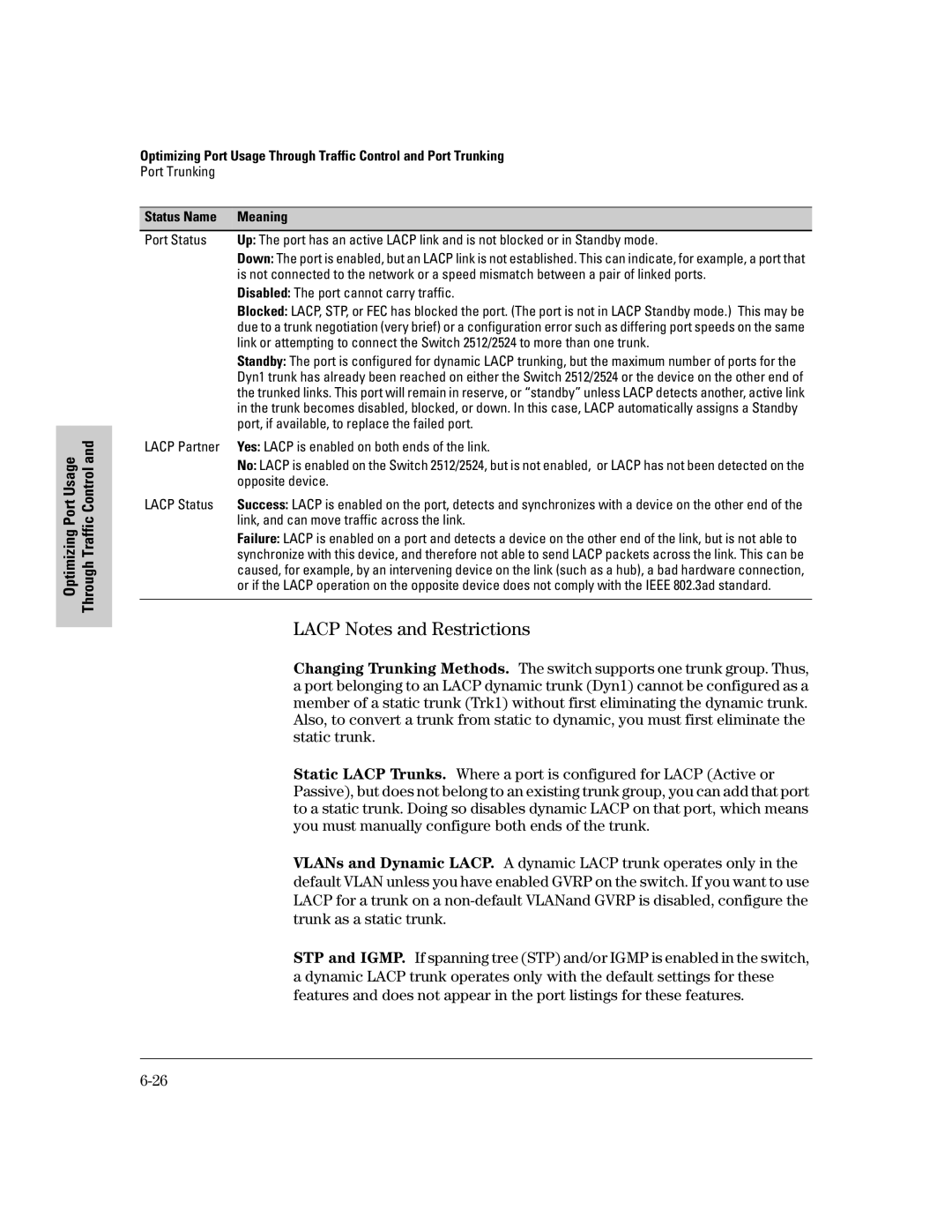 HP 2500 manual Lacp Notes and Restrictions, Disabled The port cannot carry traffic 