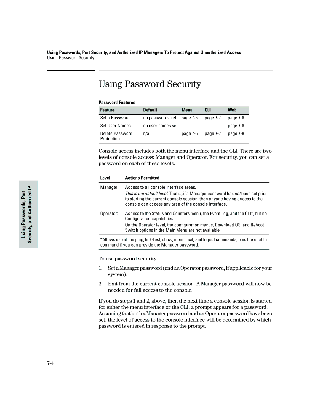 HP 2500 manual Using Password Security, Password Features Default Menu, Level Actions Permitted 