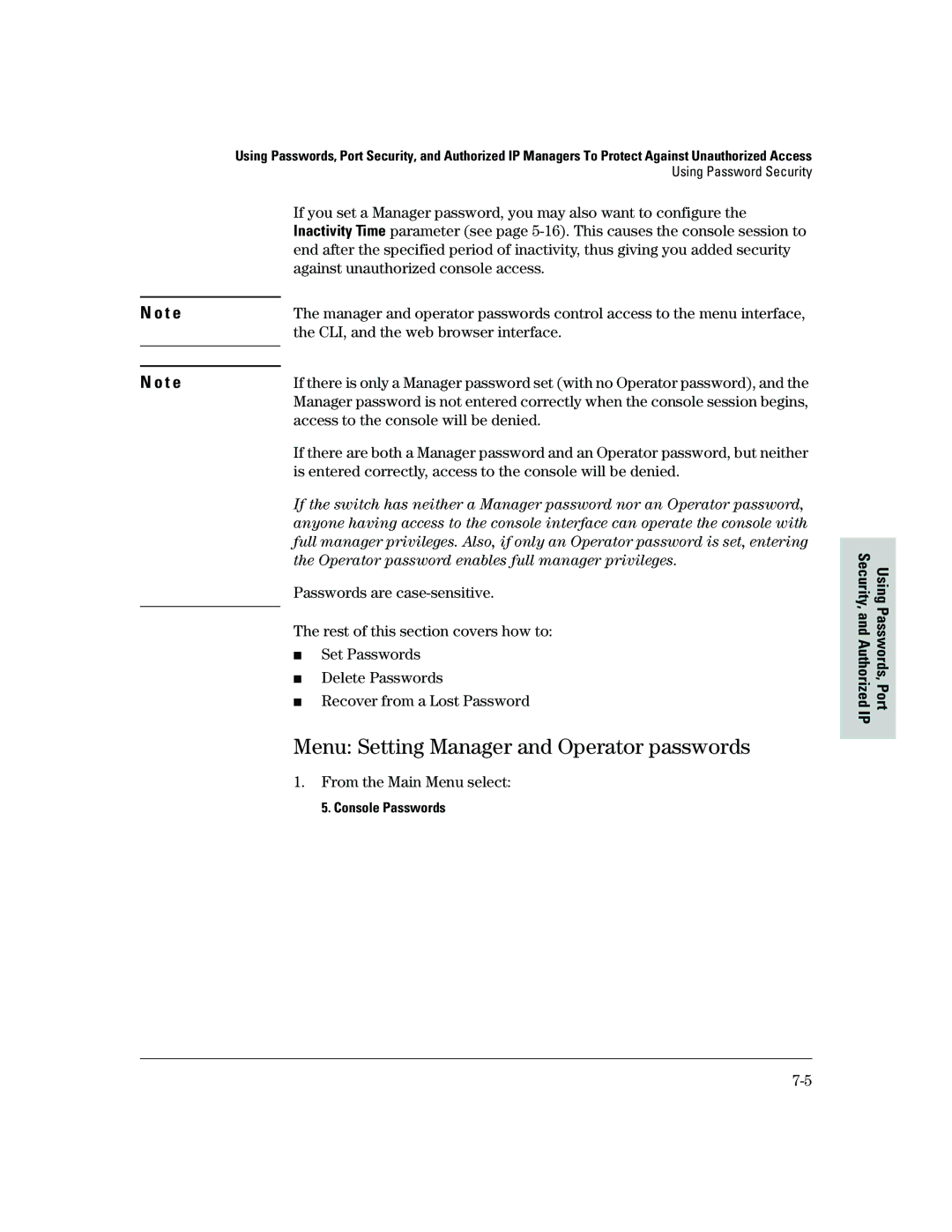 HP 2500 manual Menu Setting Manager and Operator passwords 