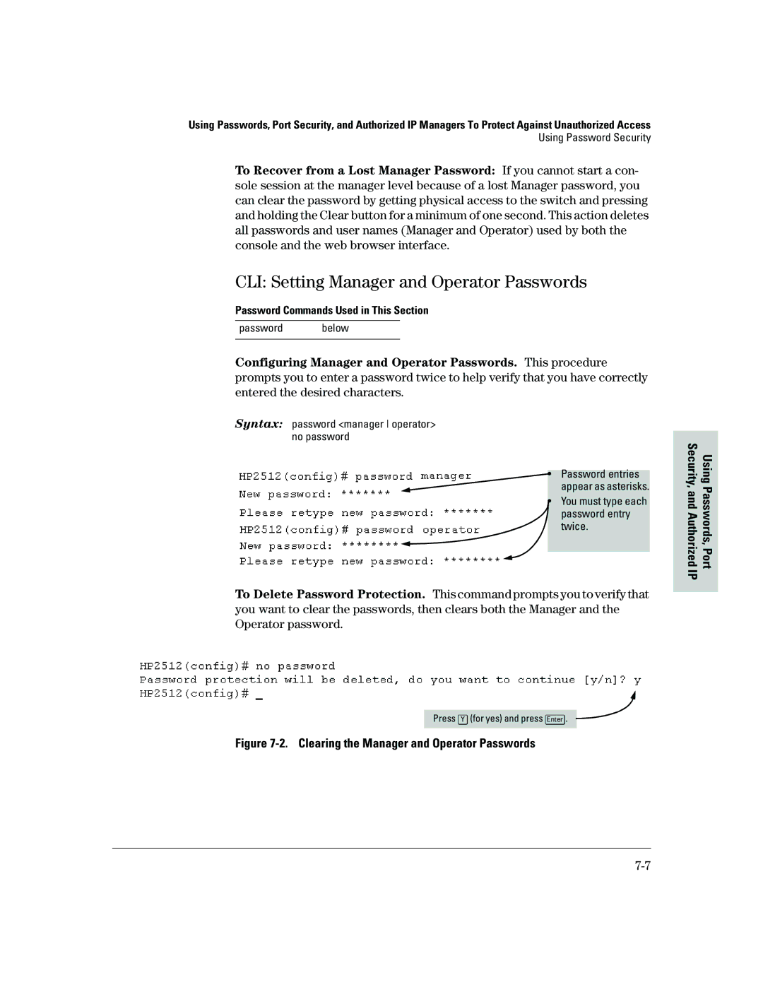 HP 2500 manual CLI Setting Manager and Operator Passwords, Password Commands Used in This Section, Password below 