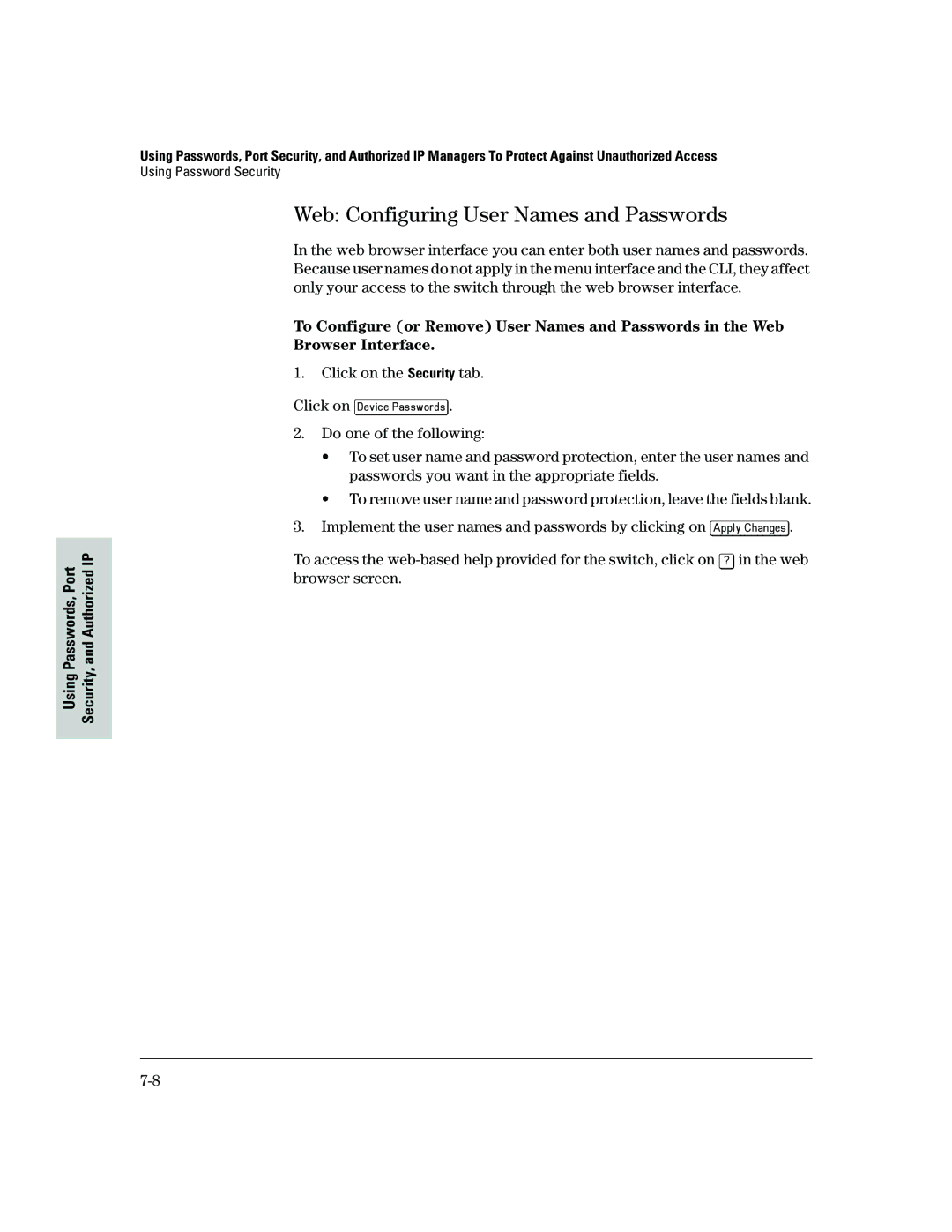 HP 2500 manual Web Configuring User Names and Passwords, Click on the Security tab, Click on Device Passwords 