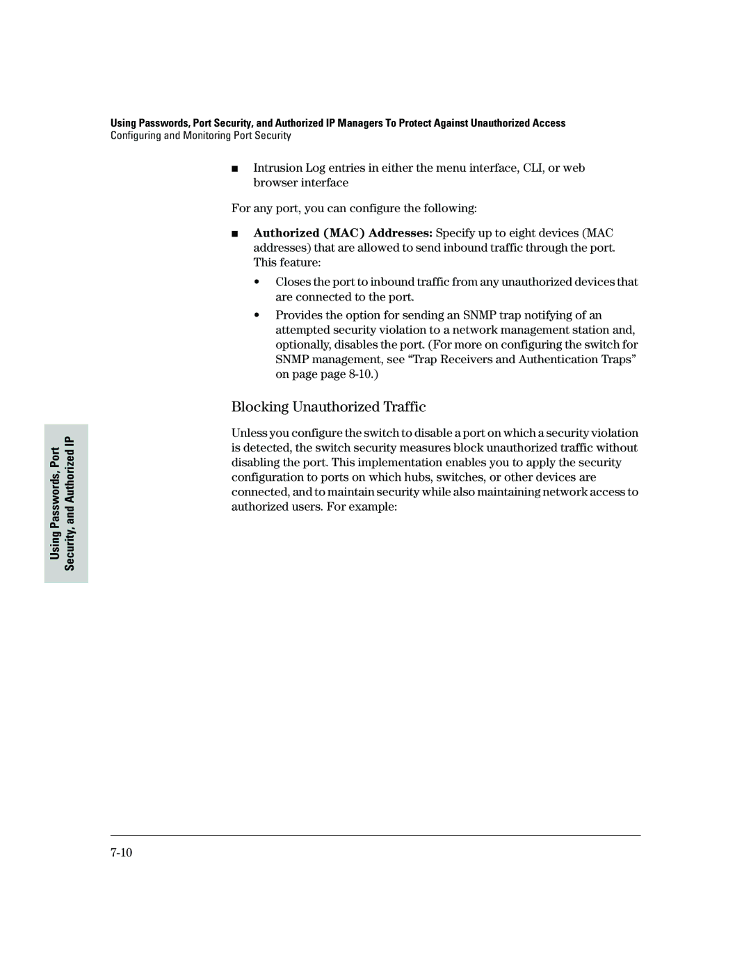 HP 2500 manual Blocking Unauthorized Traffic, Configuring and Monitoring Port Security 