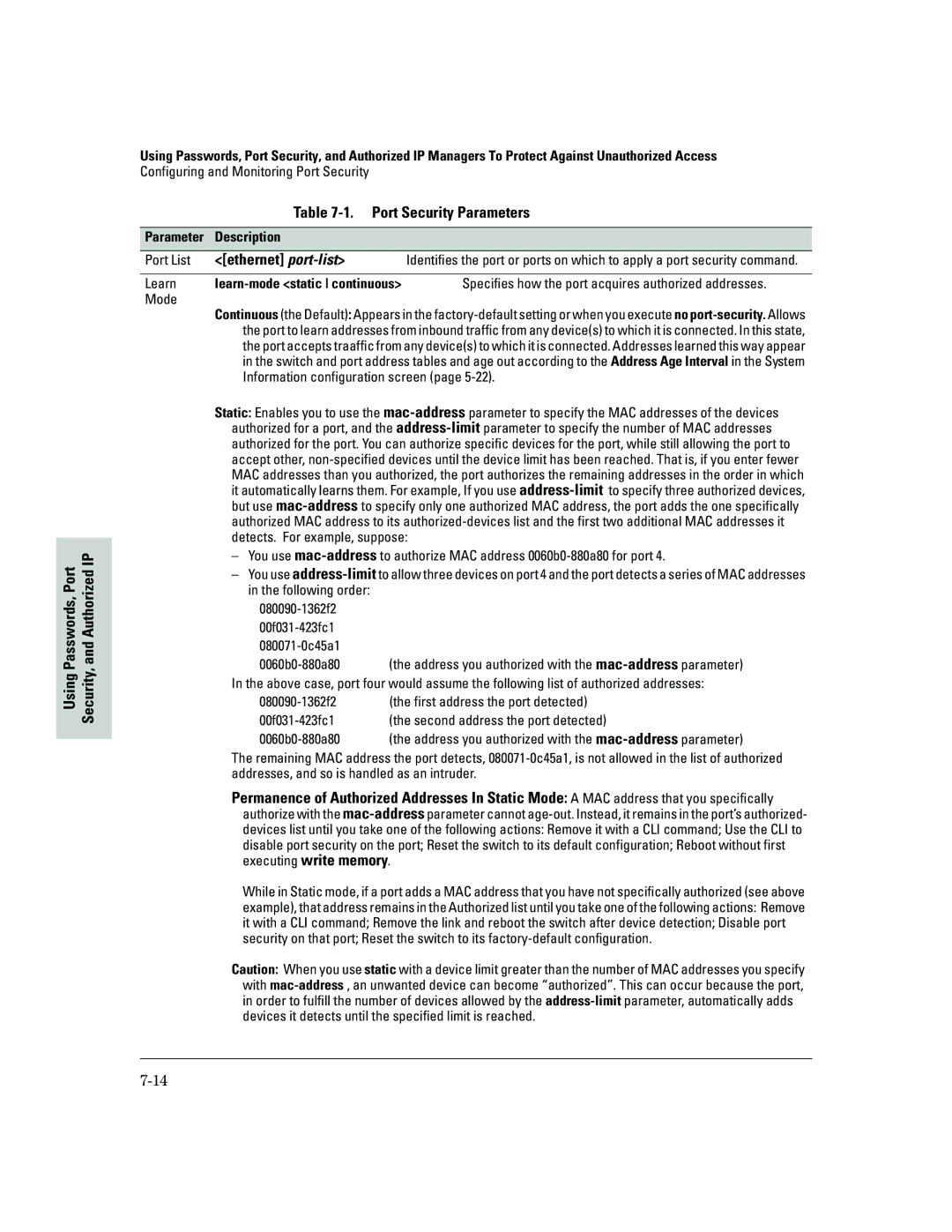 HP 2500 manual Port Security Parameters, Ethernet port-list 