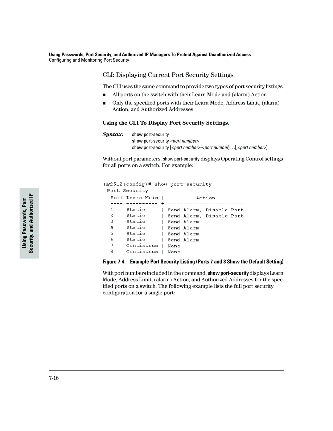 HP 2500 manual CLI Displaying Current Port Security Settings, Using the CLI To Display Port Security Settings 