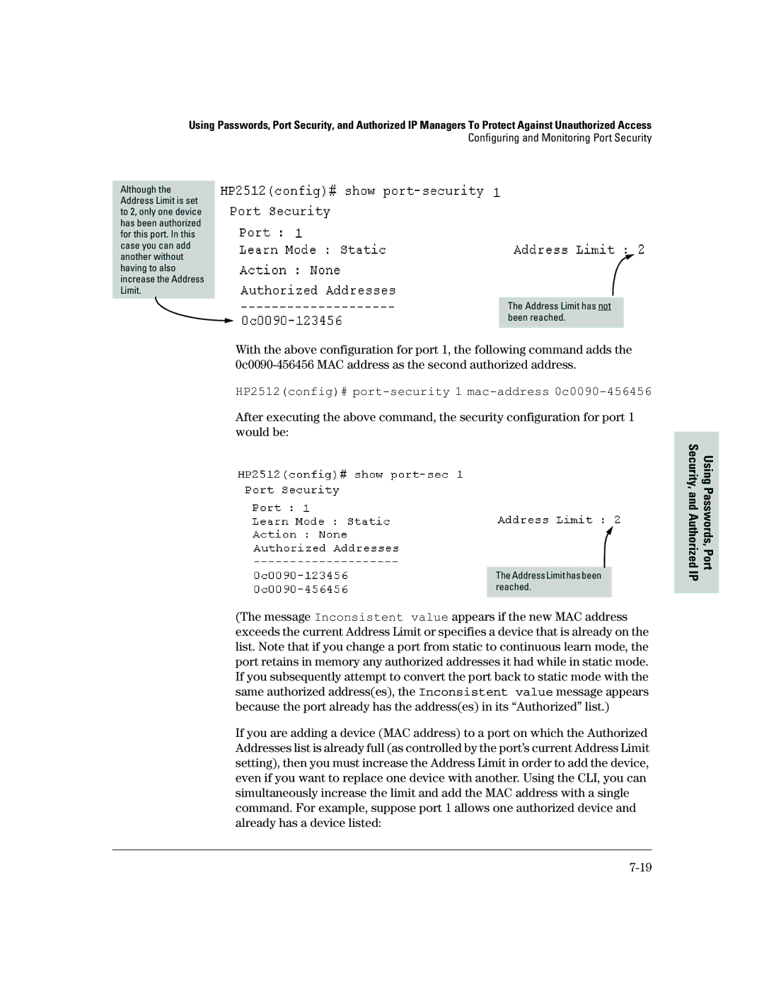 HP 2500 manual HP2512config# port-security 1 mac-address 0c0090-456456 