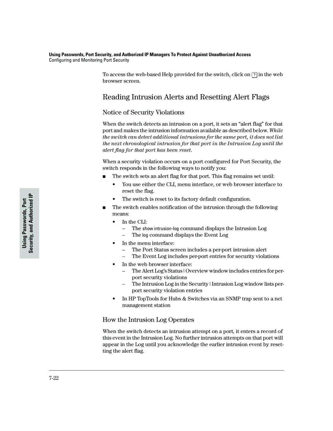 HP 2500 manual Reading Intrusion Alerts and Resetting Alert Flags, How the Intrusion Log Operates 