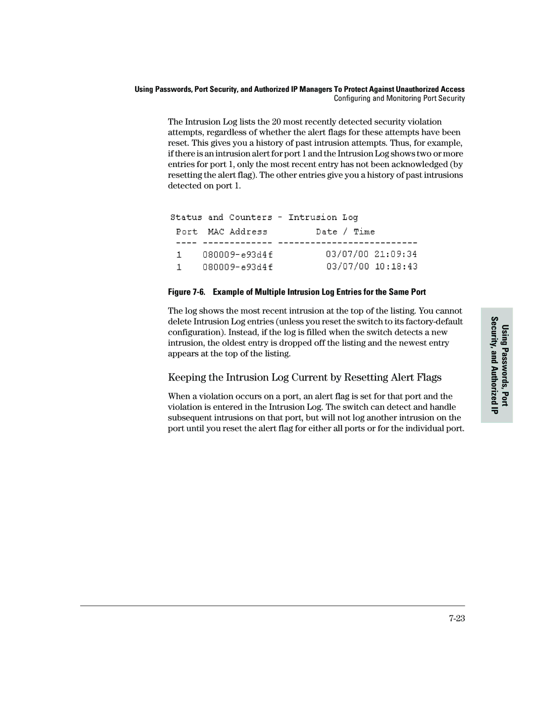 HP 2500 manual Keeping the Intrusion Log Current by Resetting Alert Flags 