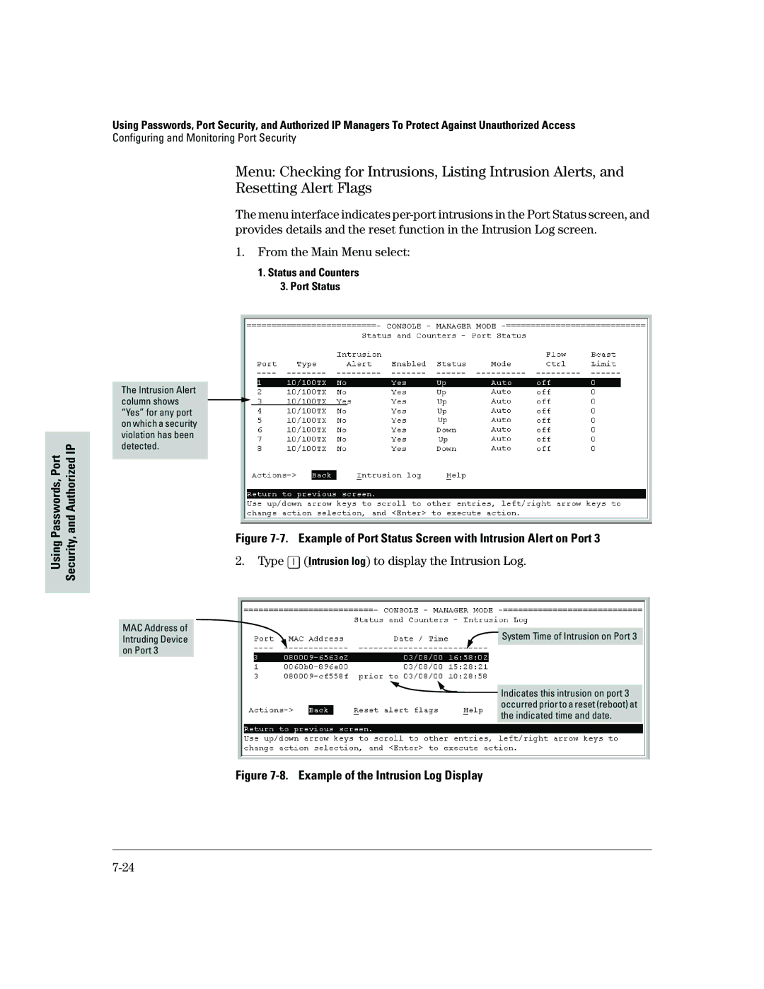 HP 2500 manual Type I Intrusion log to display the Intrusion Log, Status and Counters Port Status 