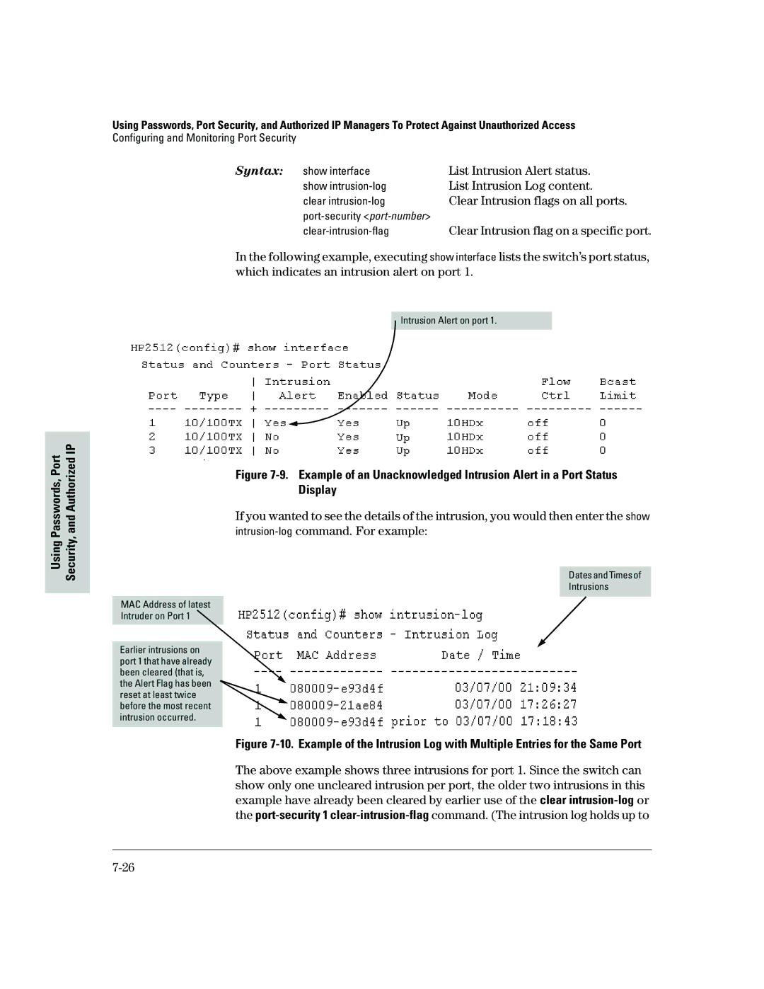 HP 2500 manual List Intrusion Alert status, List Intrusion Log content, Clear Intrusion flags on all ports 