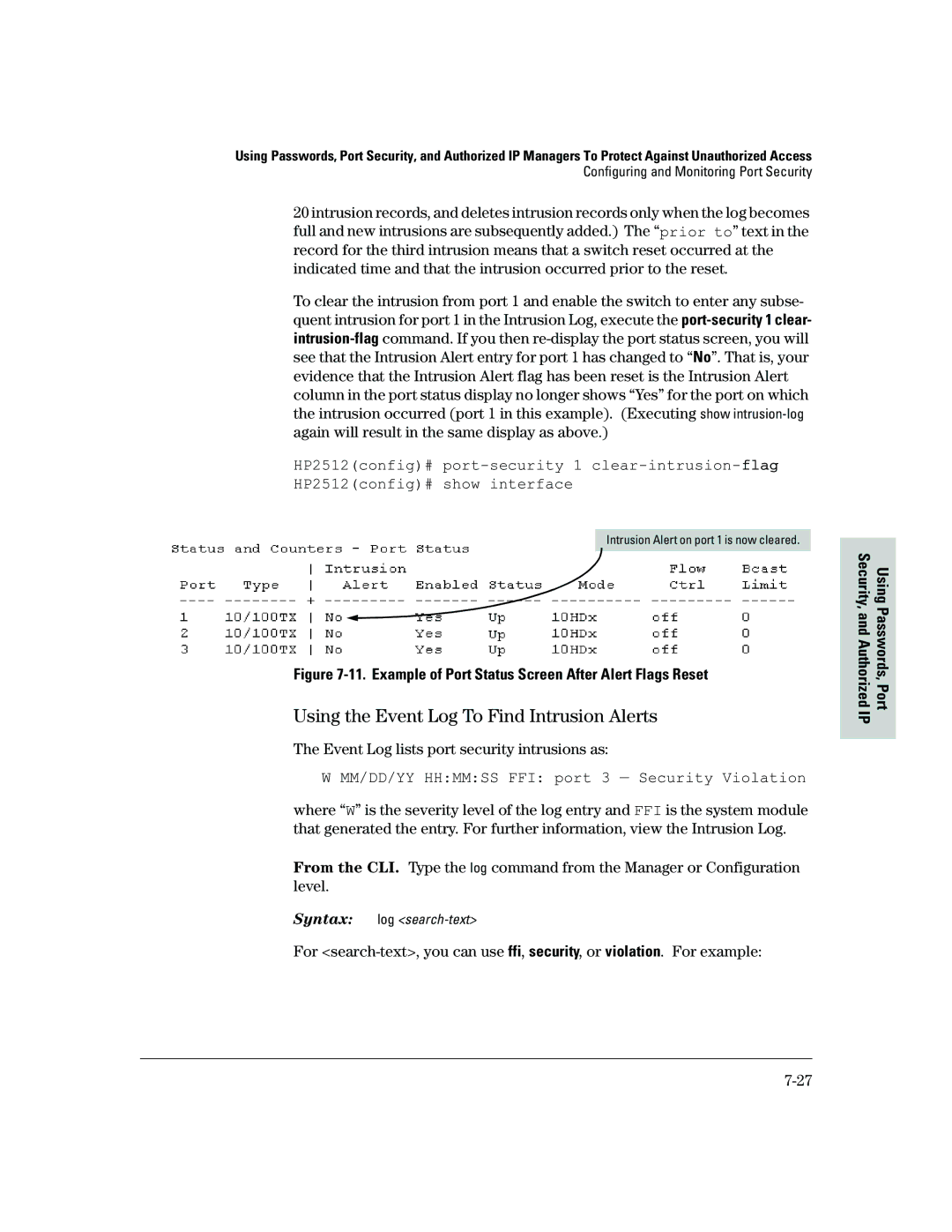 HP 2500 manual Using the Event Log To Find Intrusion Alerts, Event Log lists port security intrusions as 