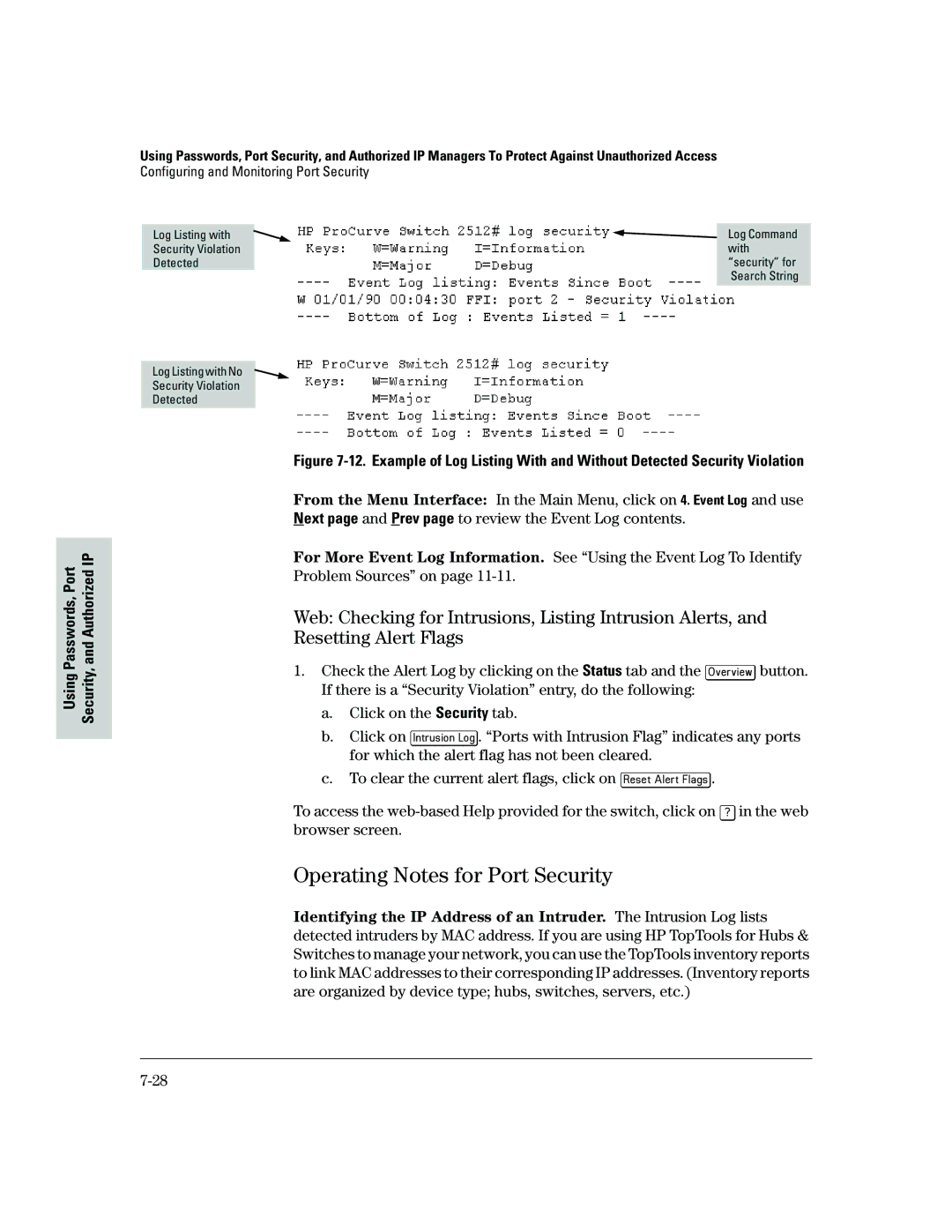 HP 2500 manual Operating Notes for Port Security 