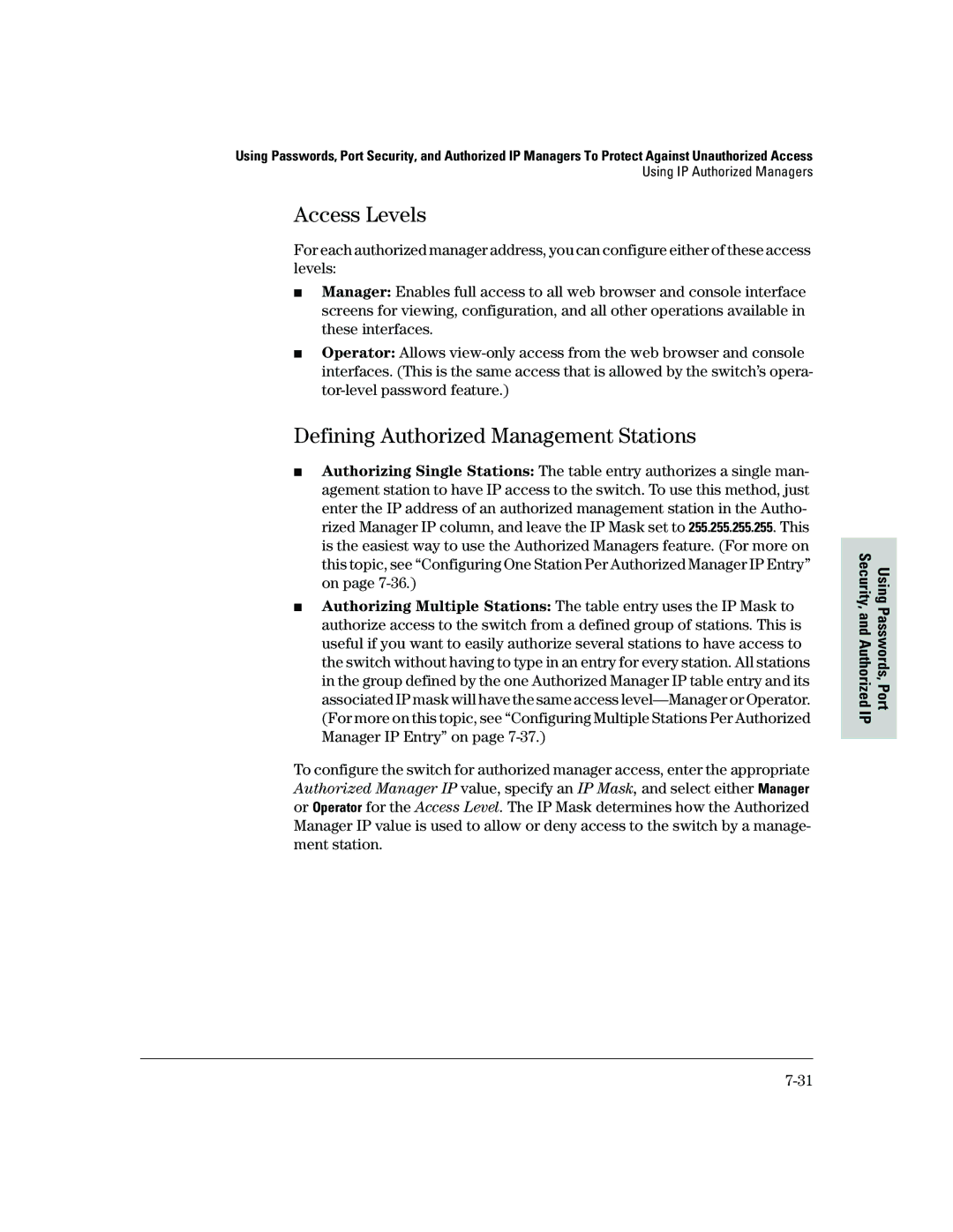 HP 2500 manual Access Levels, Defining Authorized Management Stations, Using IP Authorized Managers 