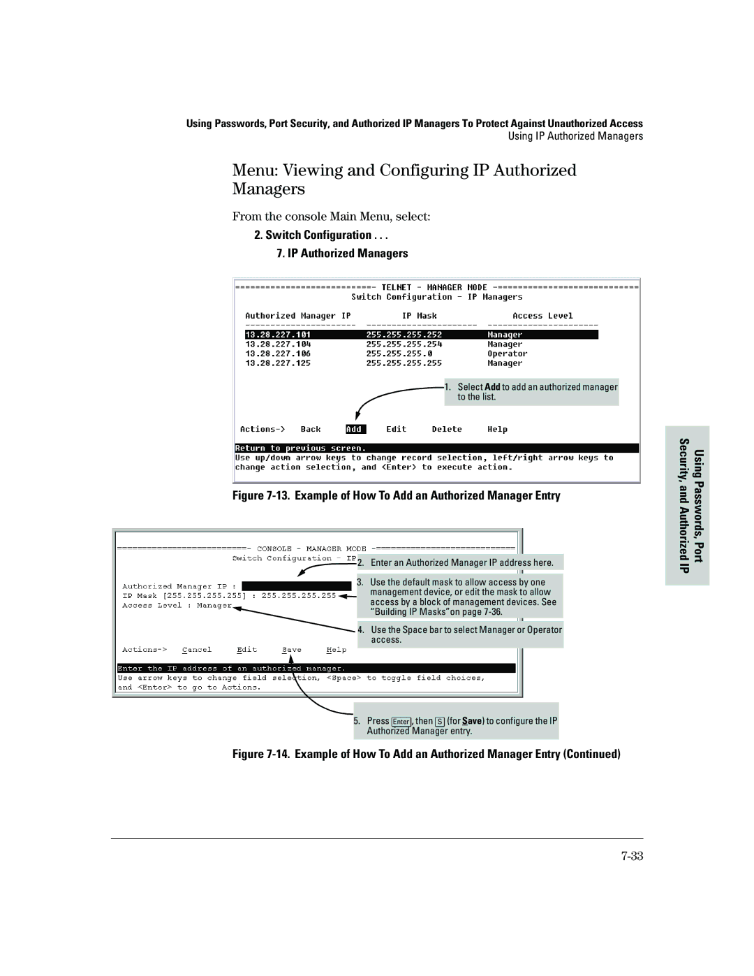 HP 2500 manual Menu Viewing and Configuring IP Authorized Managers, From the console Main Menu, select 