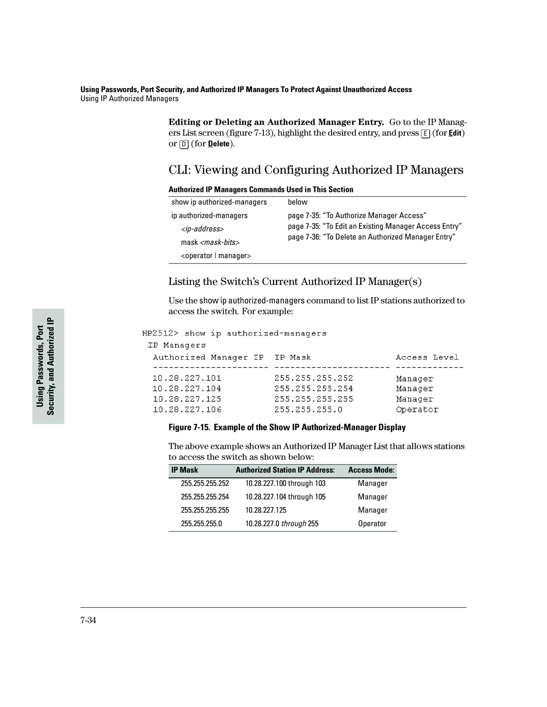 HP 2500 CLI Viewing and Configuring Authorized IP Managers, Listing the Switch’s Current Authorized IP Managers, IP Mask 