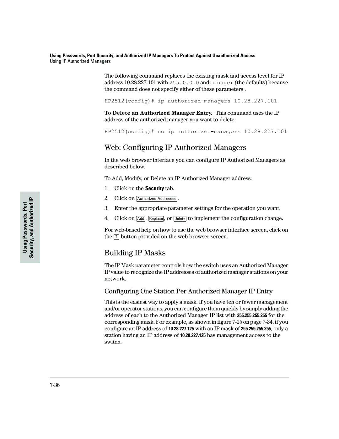 HP 2500 Web Configuring IP Authorized Managers, Building IP Masks, Configuring One Station Per Authorized Manager IP Entry 