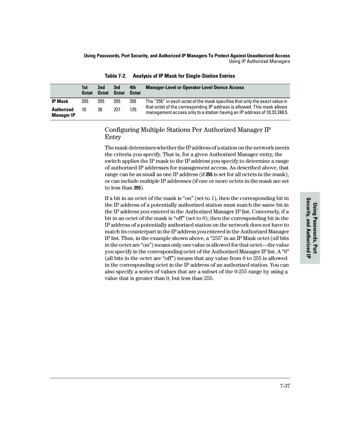 HP 2500 manual Analysis of IP Mask for Single-Station Entries, Authorized 227 125, Manager IP 