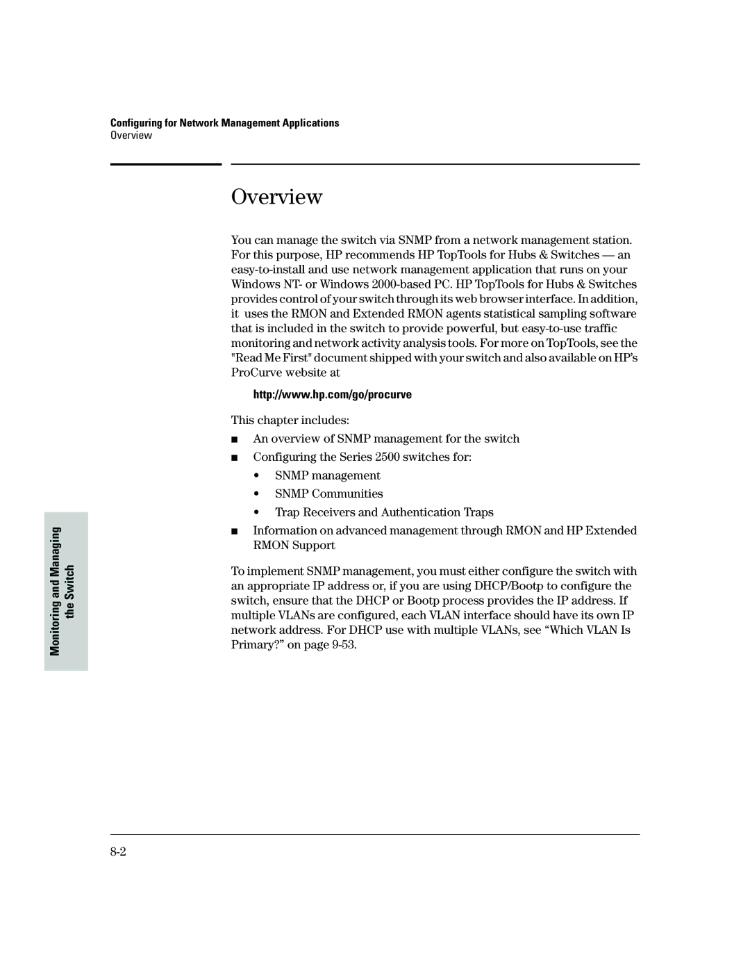 HP 2500 manual Managing Switch, Monitoring Configuring for Network Management Applications 