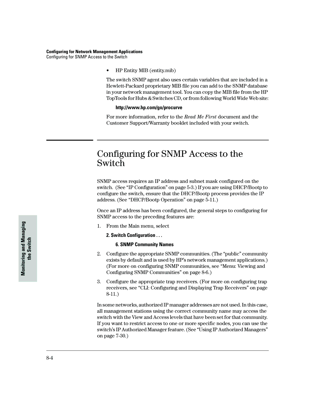 HP 2500 manual Configuring for Snmp Access to Switch, HP Entity MIB entity.mib, Switch Configuration Snmp Community Names 