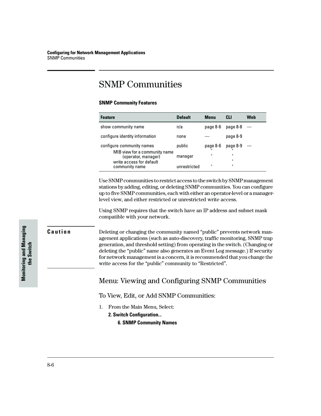 HP 2500 manual To View, Edit, or Add Snmp Communities, Snmp Community Features, Compatible with your network 