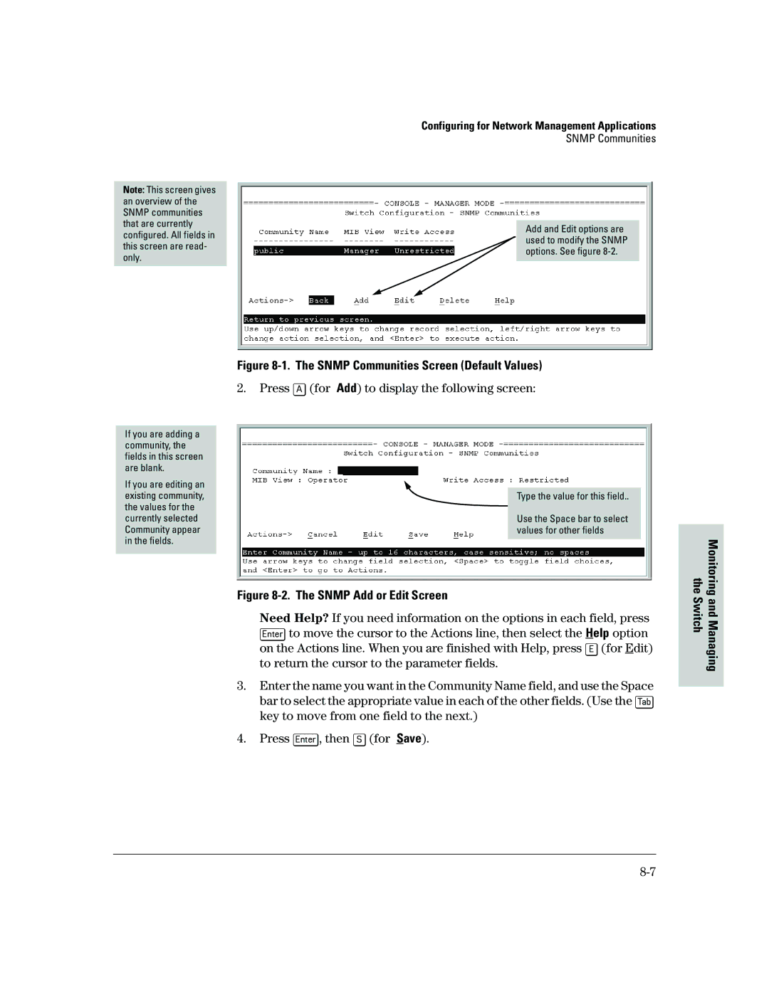 HP 2500 manual Snmp Communities Screen Default Values, Snmp Add or Edit Screen 