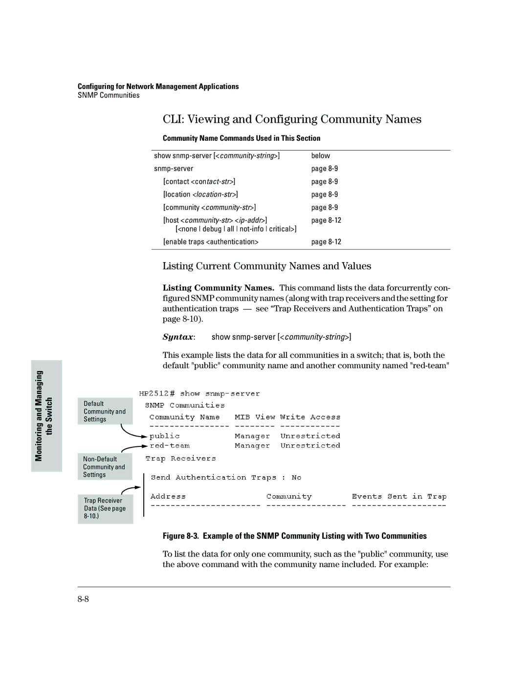 HP 2500 CLI Viewing and Configuring Community Names, Listing Current Community Names and Values, Community community-str 