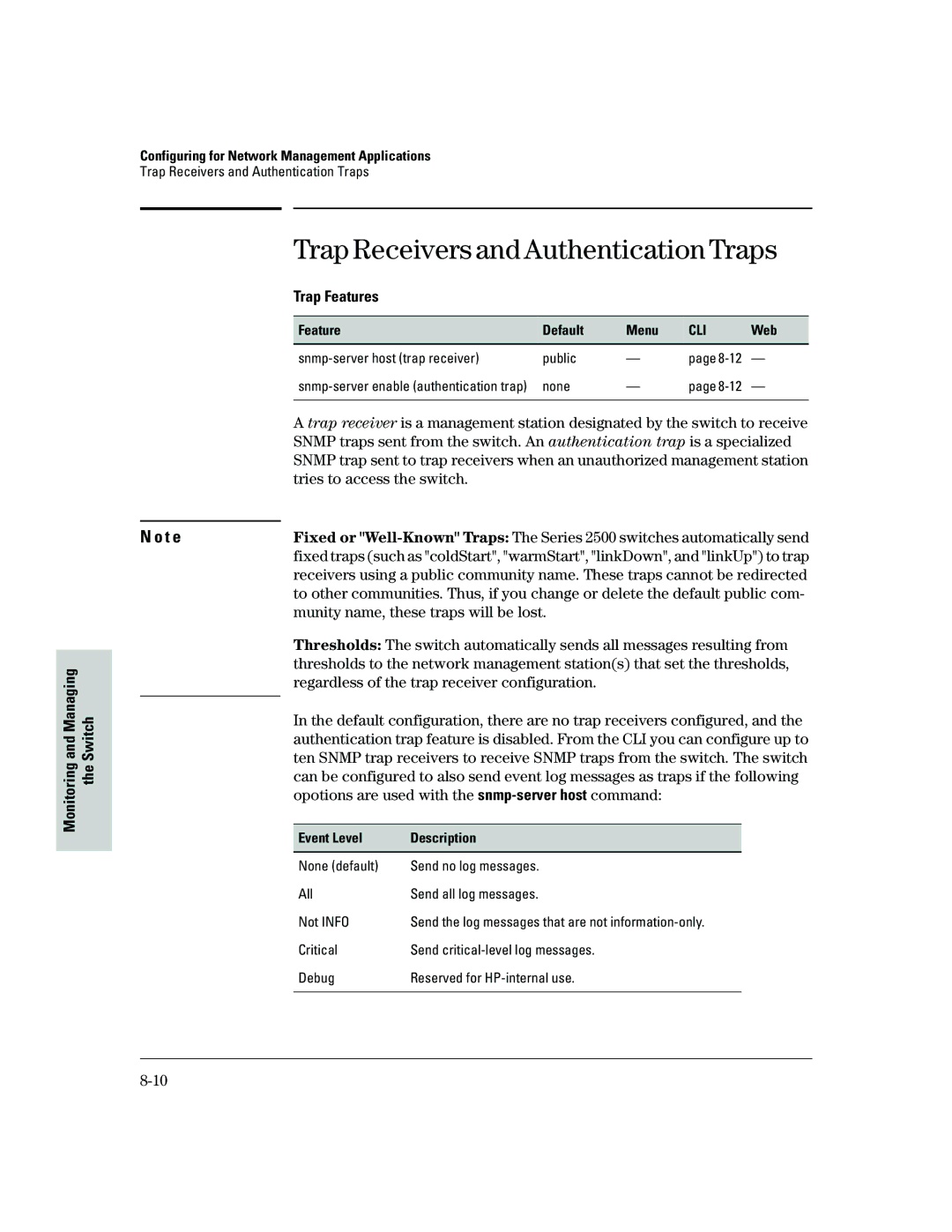 HP 2500 manual Trap Receivers and Authentication Traps, Trap Features, Munity name, these traps will be lost 