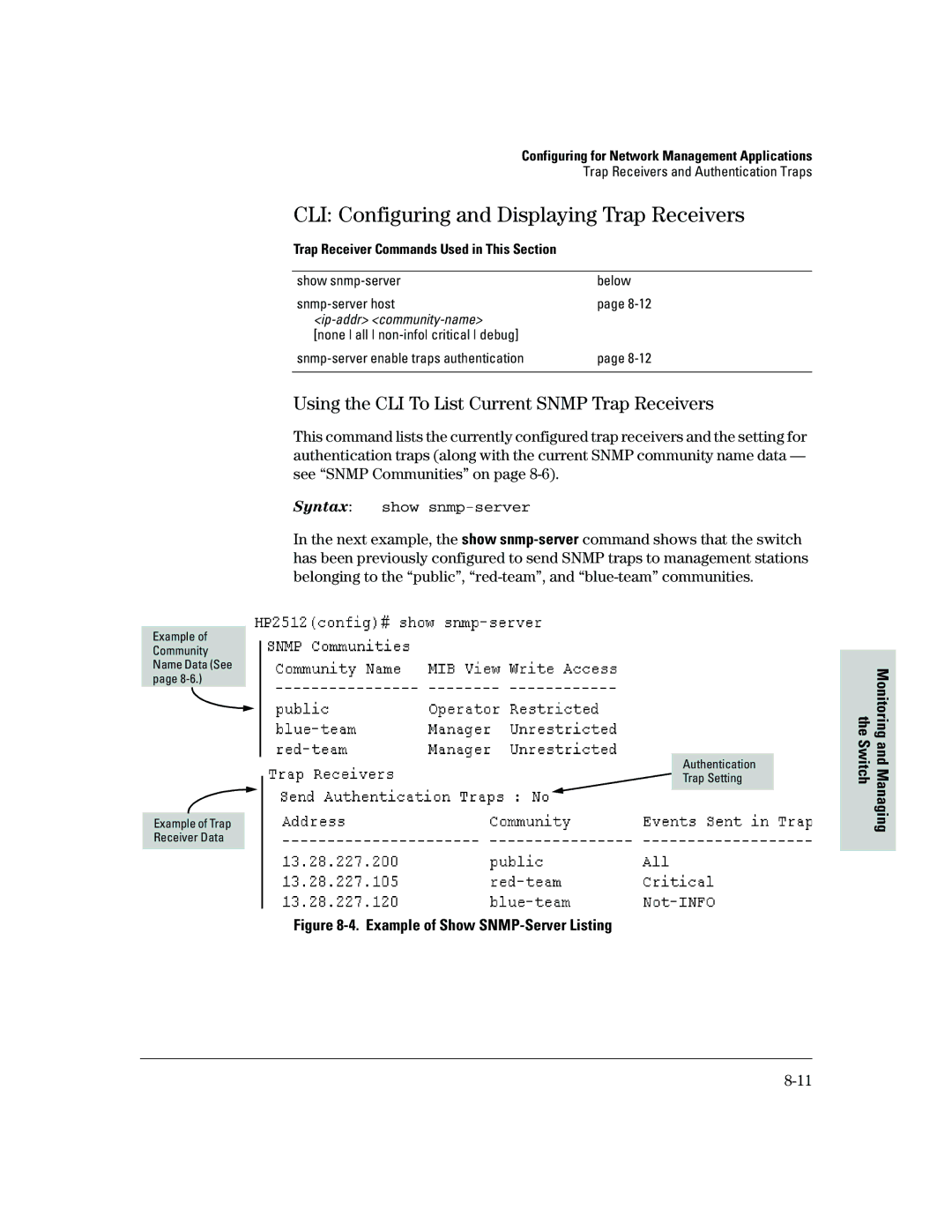 HP 2500 manual CLI Configuring and Displaying Trap Receivers, Using the CLI To List Current Snmp Trap Receivers 