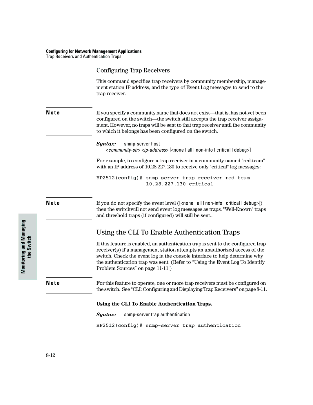 HP 2500 manual Using the CLI To Enable Authentication Traps, Configuring Trap Receivers 