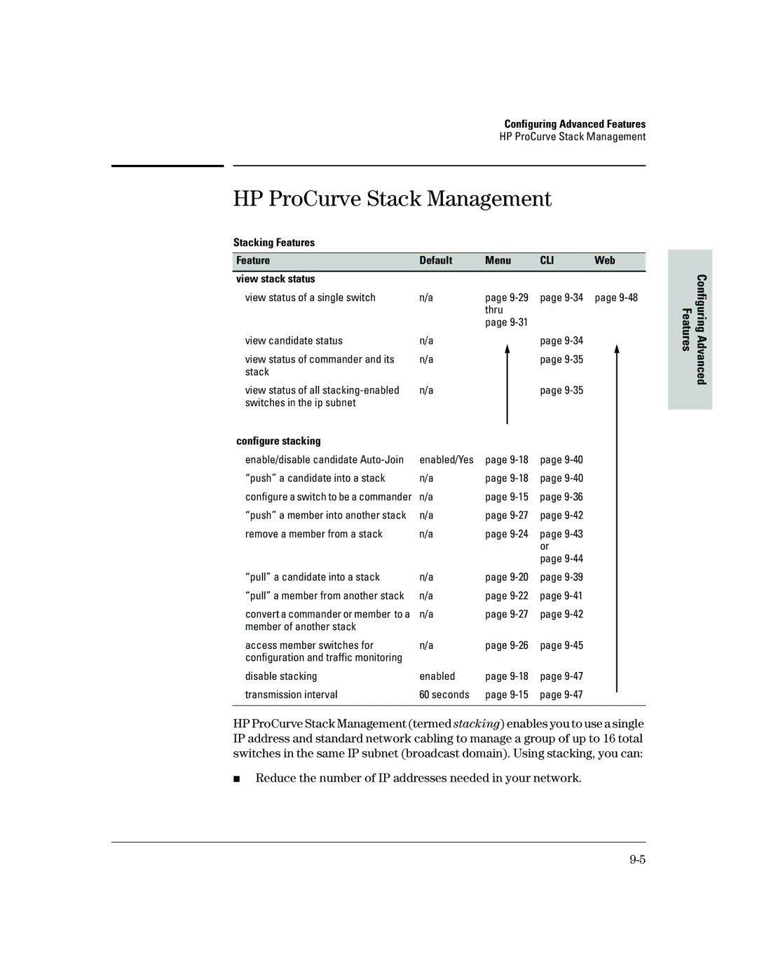 HP 2500 manual HP ProCurve Stack Management, Reduce the number of IP addresses needed in your network, View stack status 