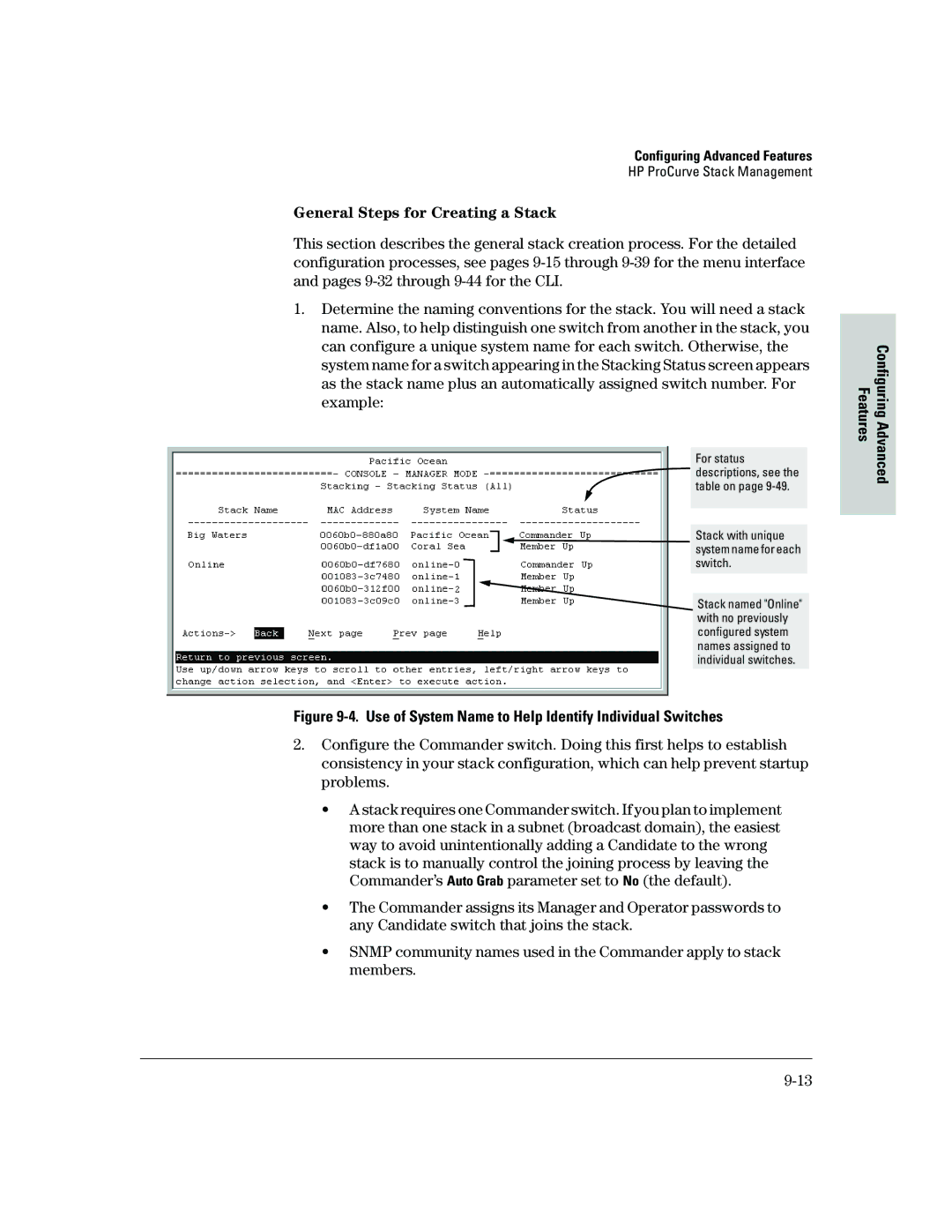 HP 2500 manual General Steps for Creating a Stack, Use of System Name to Help Identify Individual Switches 