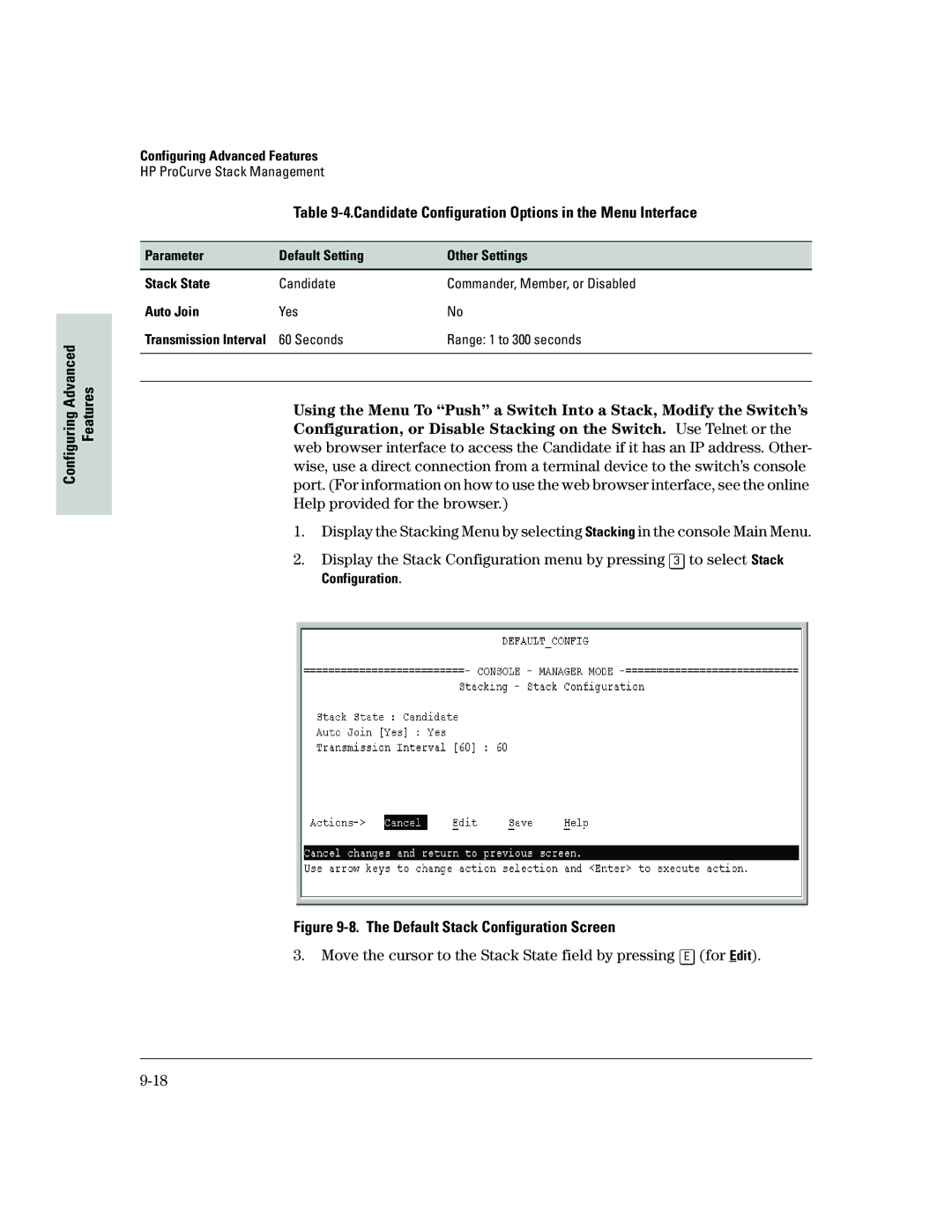 HP 2500 manual Candidate Configuration Options in the Menu Interface, Parameter Default Setting Other Settings Stack State 