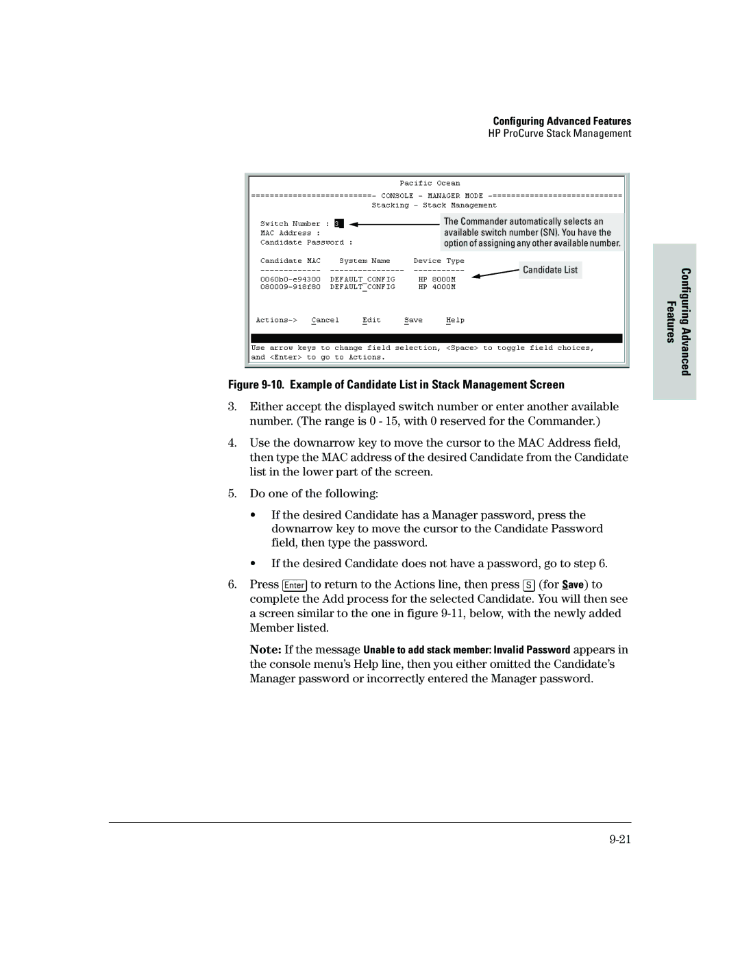 HP 2500 manual Example of Candidate List in Stack Management Screen 