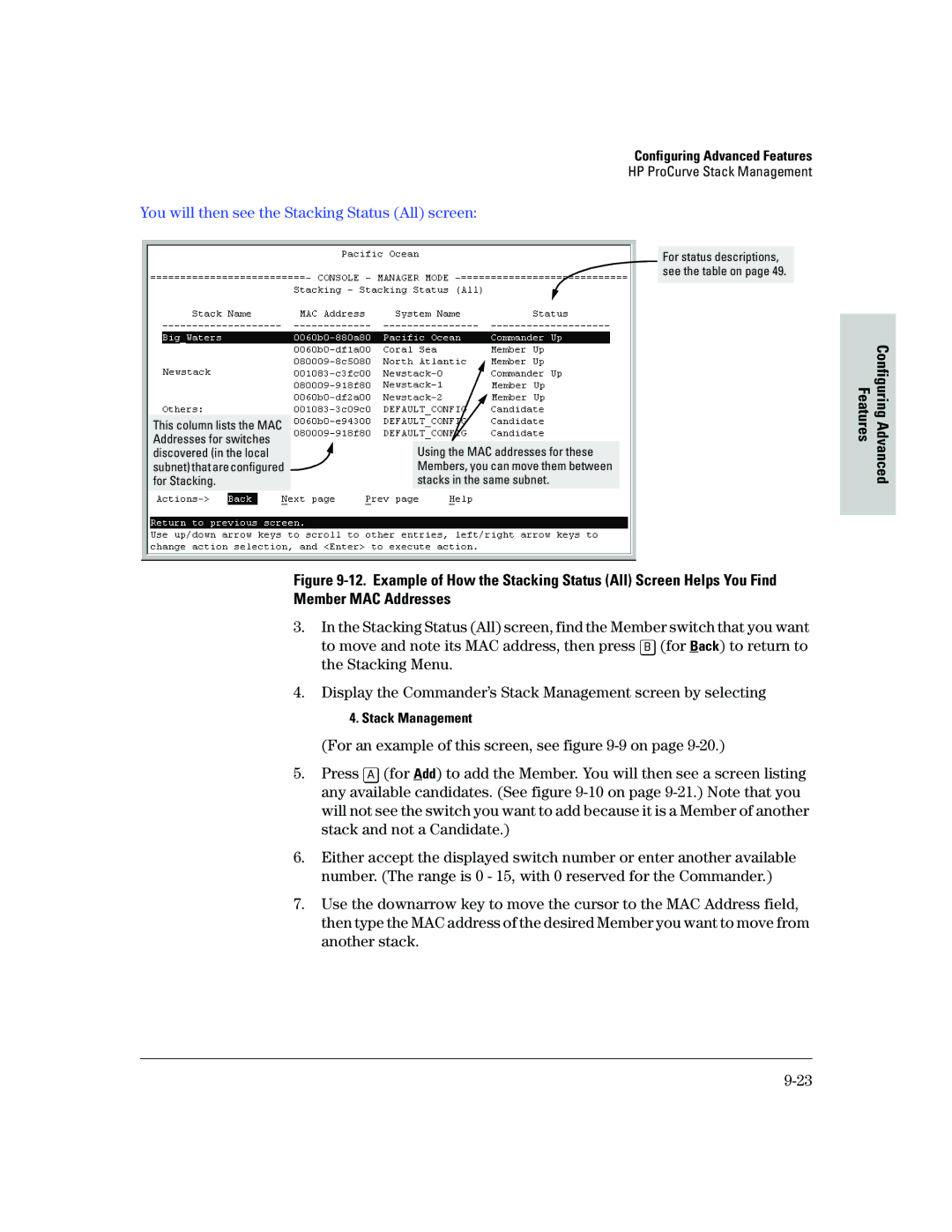 HP 2500 manual You will then see the Stacking Status All screen, Member MAC Addresses 