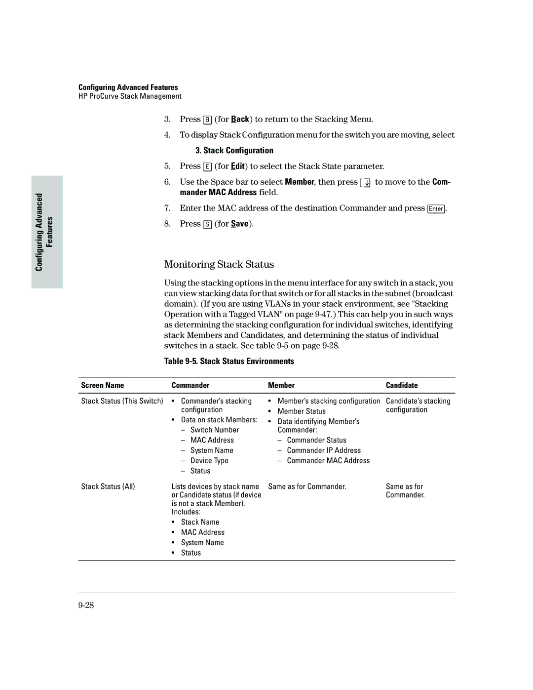 HP 2500 Monitoring Stack Status, Stack Configuration, Stack Status Environments, Screen Name Commander Member Candidate 