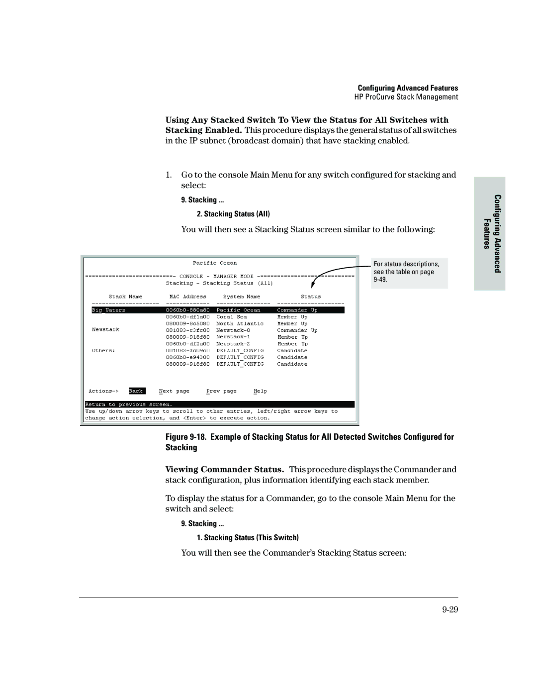 HP 2500 manual You will then see the Commander’s Stacking Status screen, Stacking Stacking Status All 