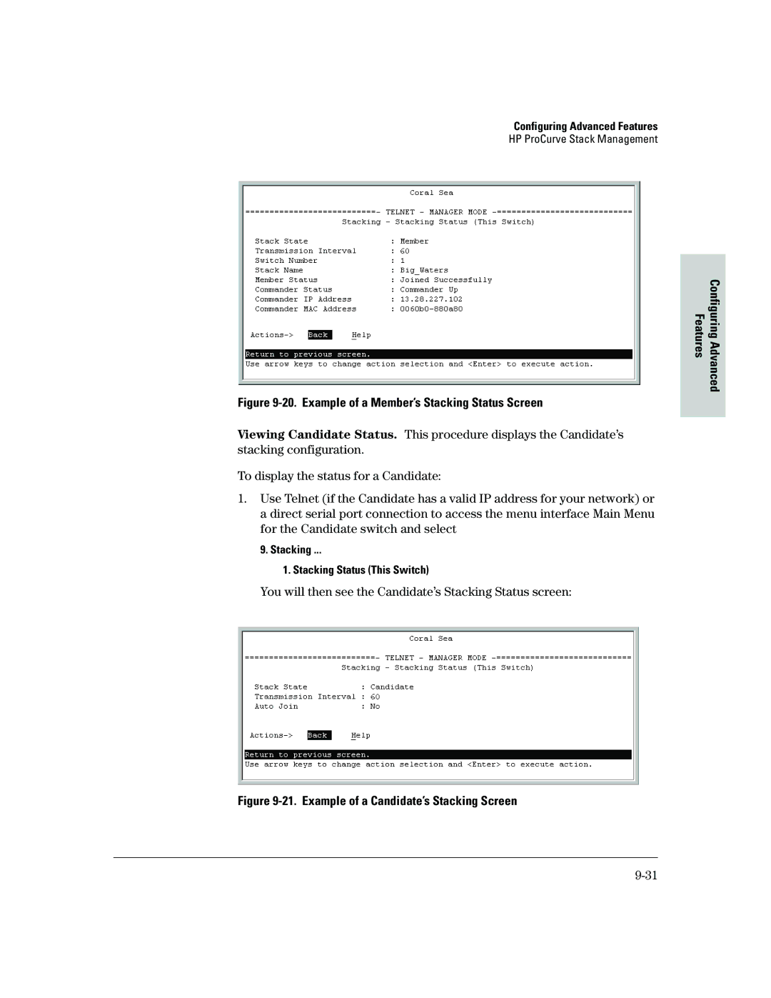 HP 2500 manual You will then see the Candidate’s Stacking Status screen, Configuring Advanced 