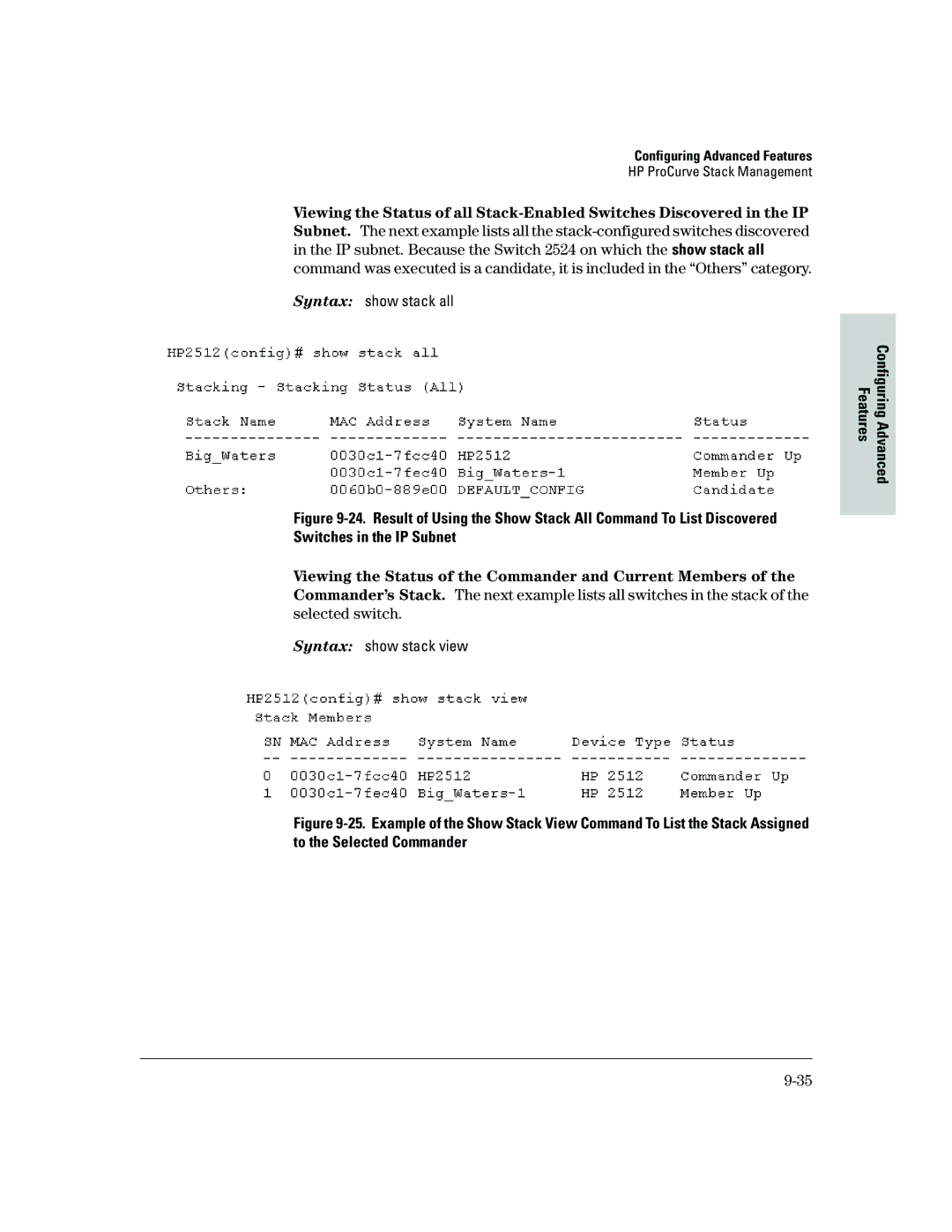 HP 2500 manual Features Configuring Advanced, Viewing the Status of the Commander and Current Members 