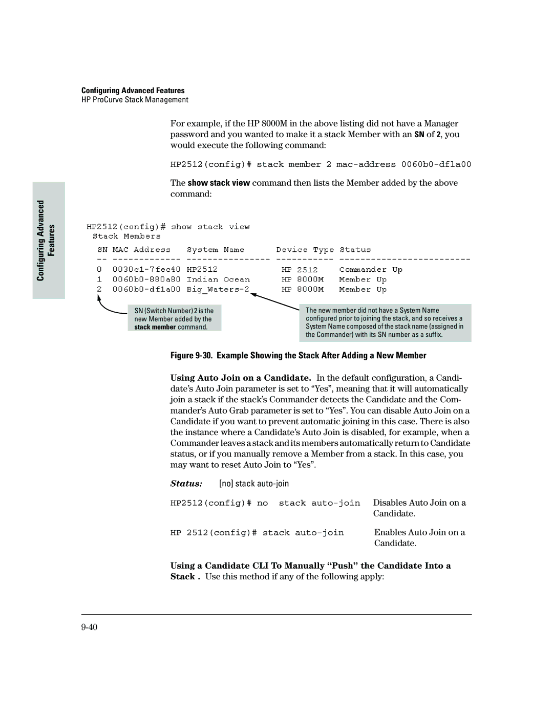 HP 2500 manual HP2512config# stack member 2 mac-address 0060b0-dfla00, HP2512config# no stack auto-join, Candidate 