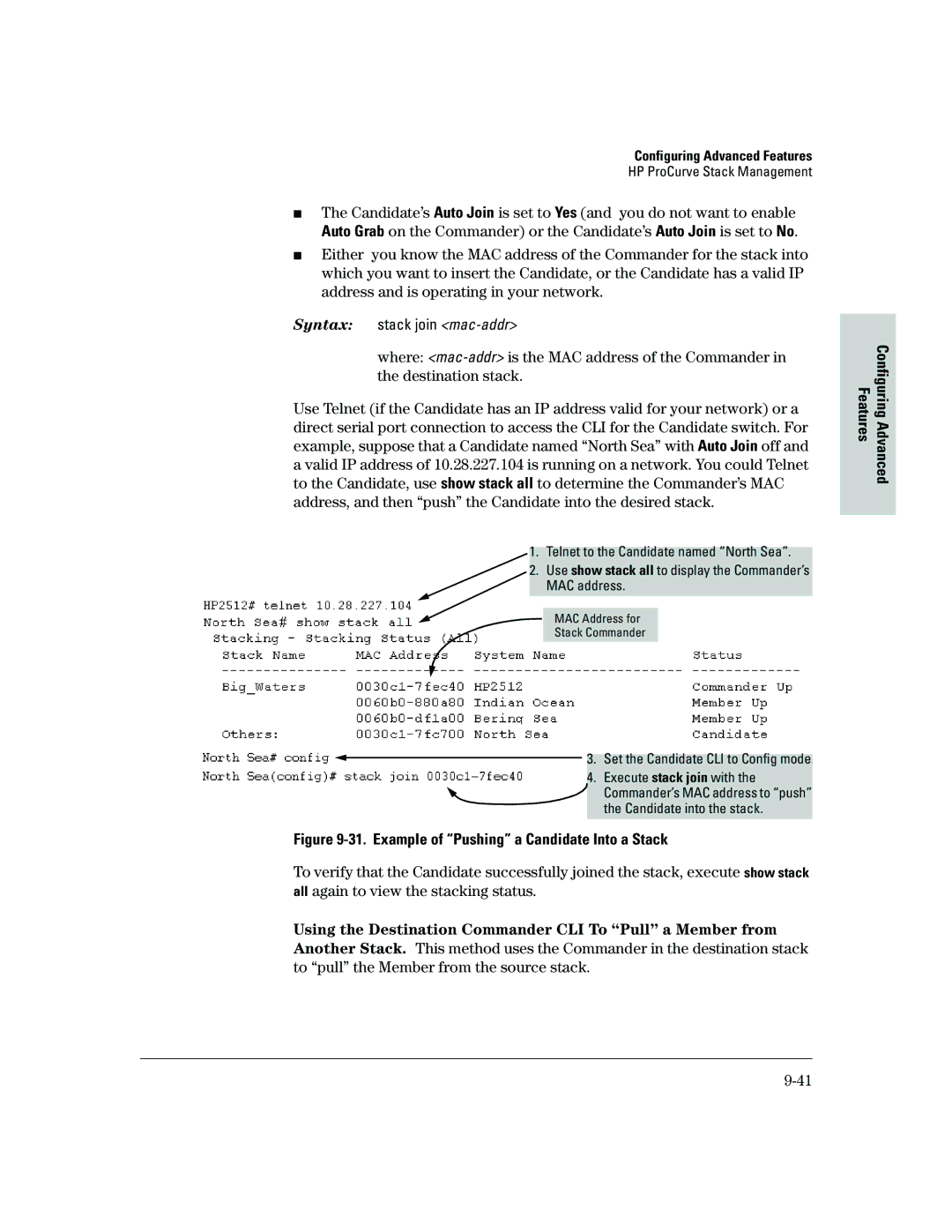 HP 2500 manual Example of Pushing a Candidate Into a Stack, Using the Destination Commander CLI To Pull a Member from 