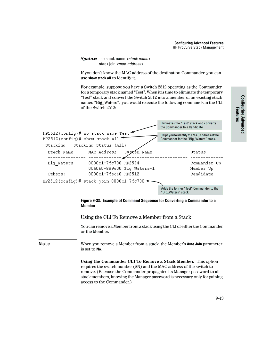 HP 2500 manual Using the CLI To Remove a Member from a Stack, Or the Member, Is set to No, Access to the Commander 