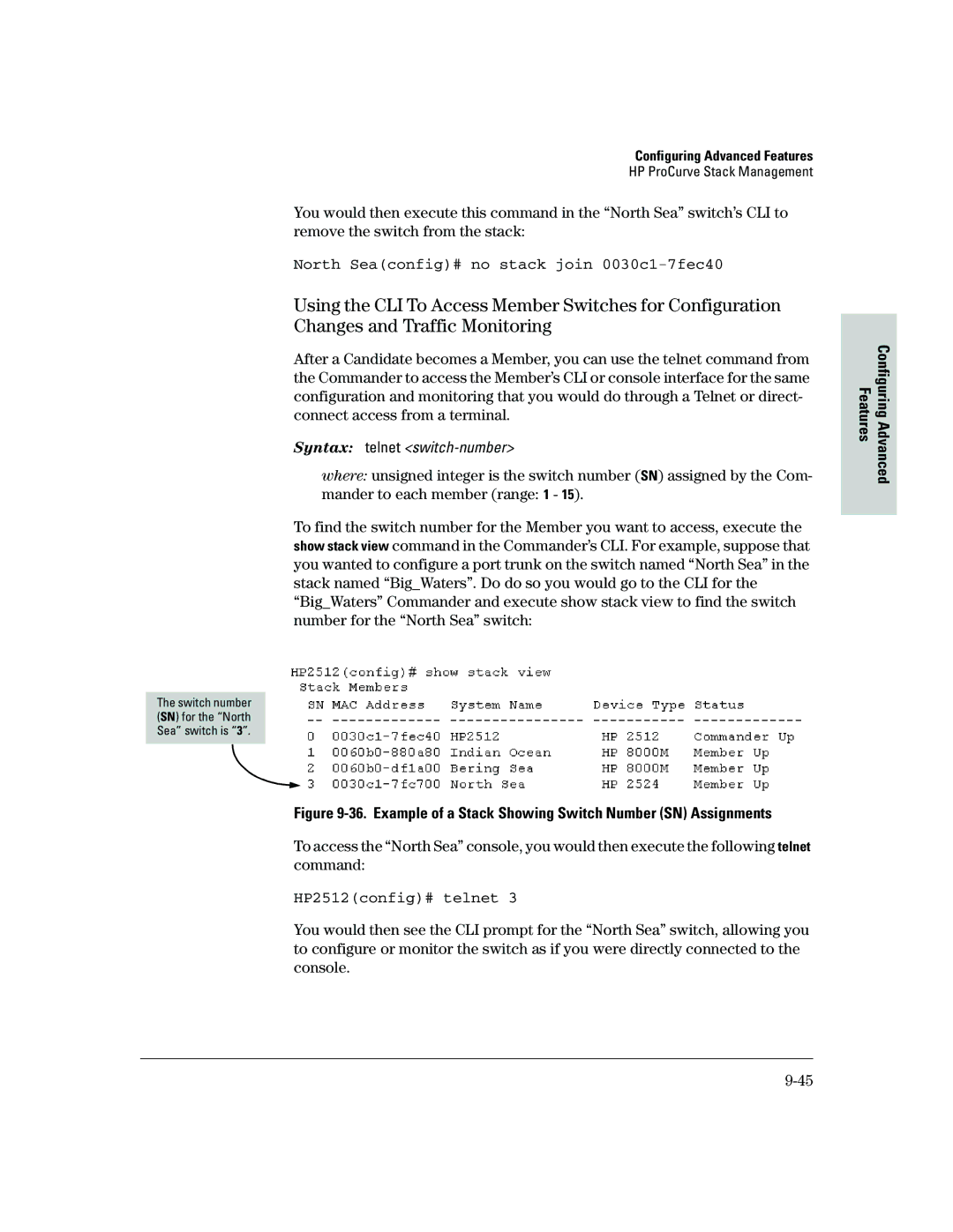 HP 2500 manual North Seaconfig# no stack join 0030c1-7fec40, HP2512config# telnet 