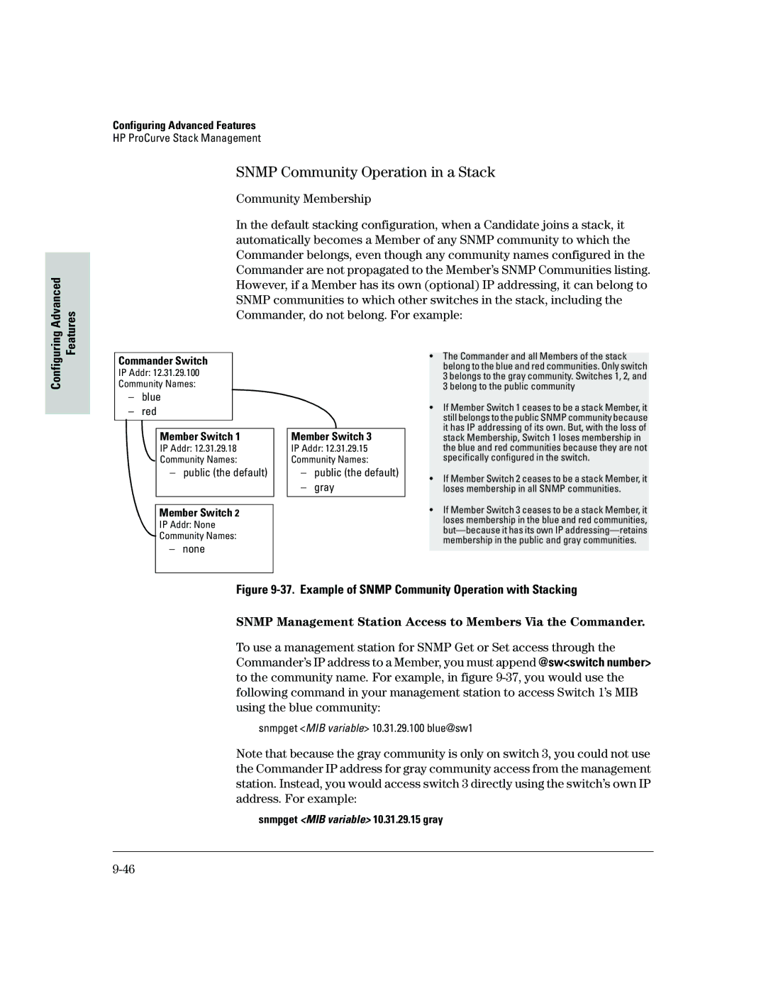 HP 2500 Snmp Community Operation in a Stack, Snmp Management Station Access to Members Via the Commander, Commander Switch 