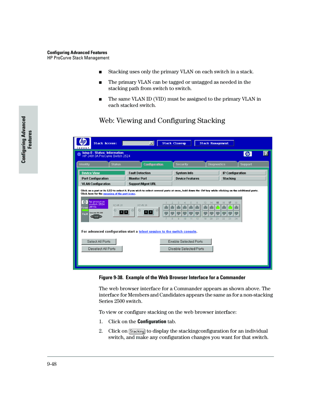 HP 2500 manual Web Viewing and Configuring Stacking, Example of the Web Browser Interface for a Commander 