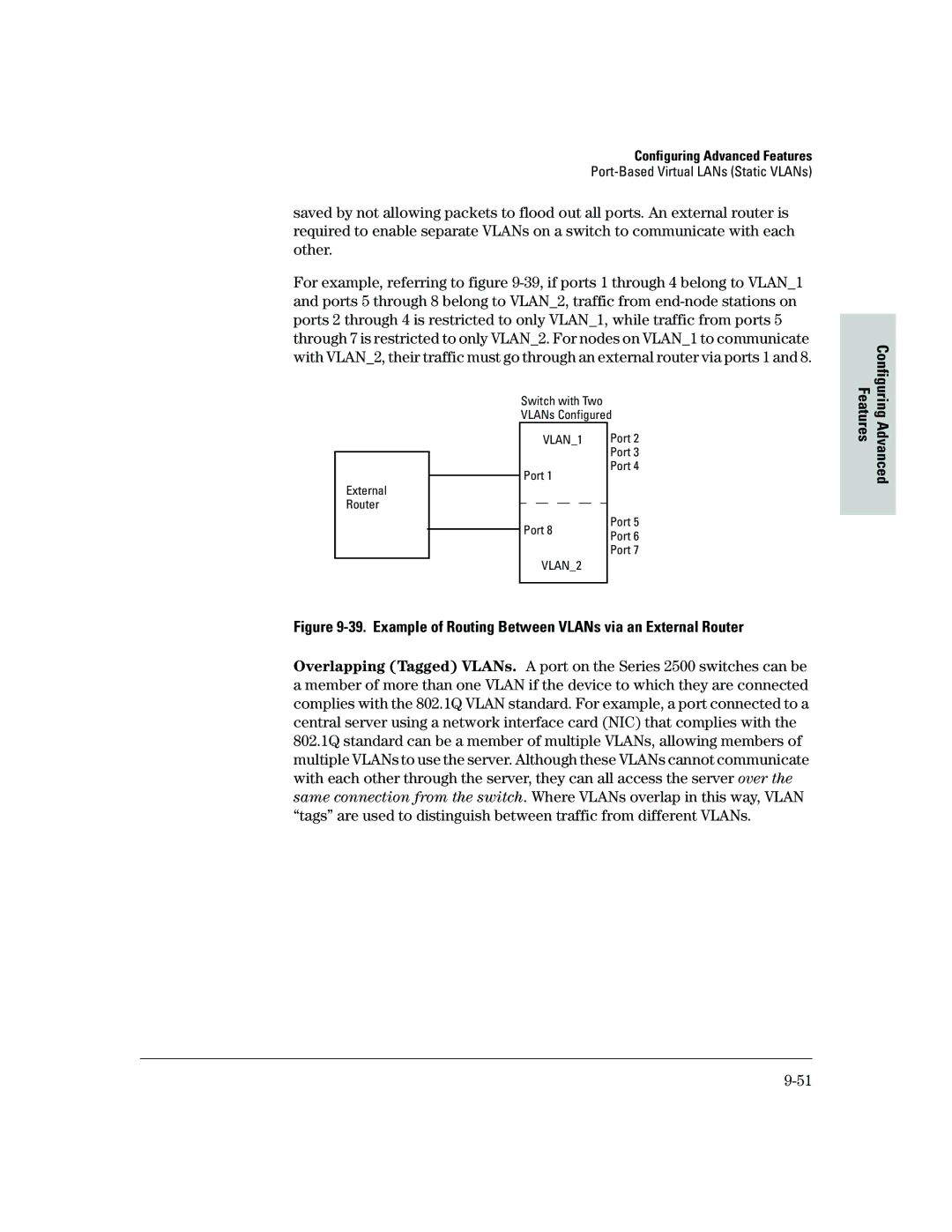 HP 2500 manual Example of Routing Between VLANs via an External Router 