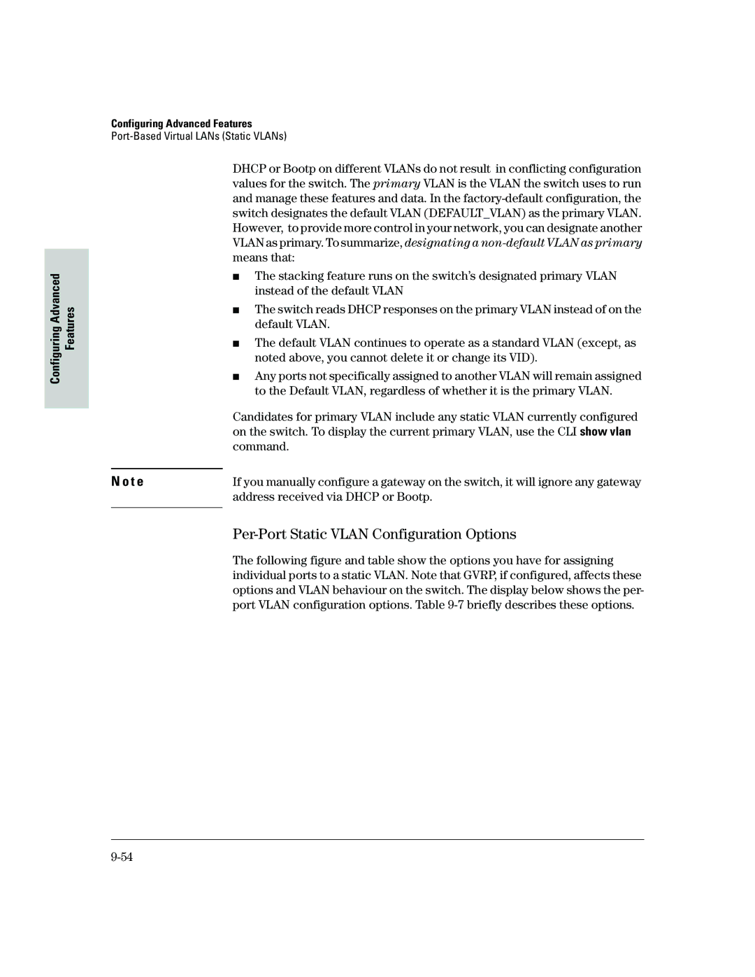 HP 2500 manual Per-Port Static Vlan Configuration Options, Address received via Dhcp or Bootp 