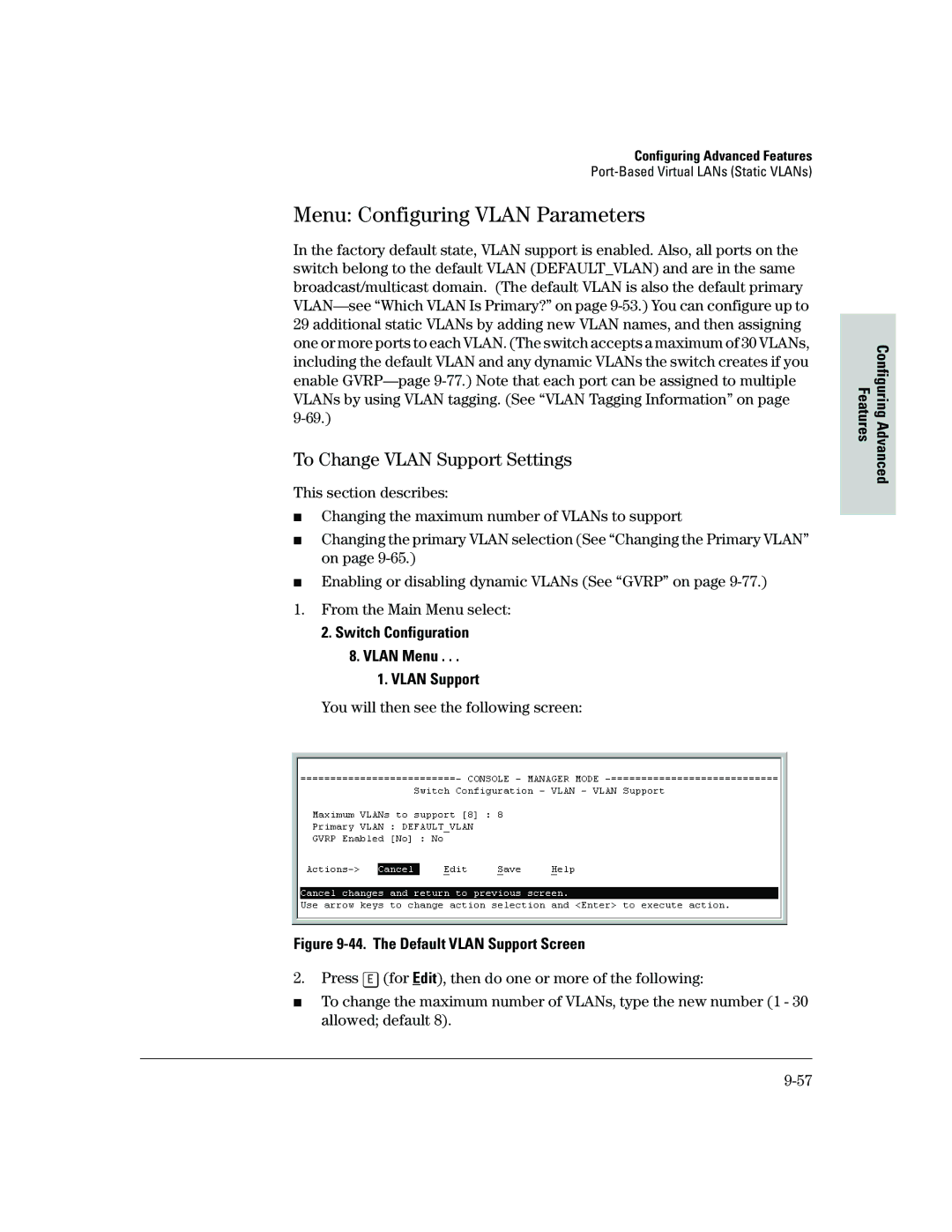 HP 2500 Menu Configuring Vlan Parameters, To Change Vlan Support Settings, Switch Configuration Vlan Menu Vlan Support 