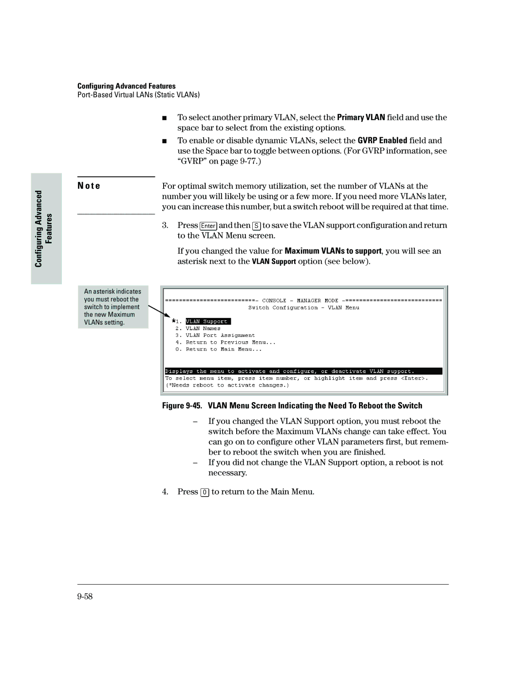 HP 2500 manual Space bar to select from the existing options, Gvrp on, To the Vlan Menu screen 