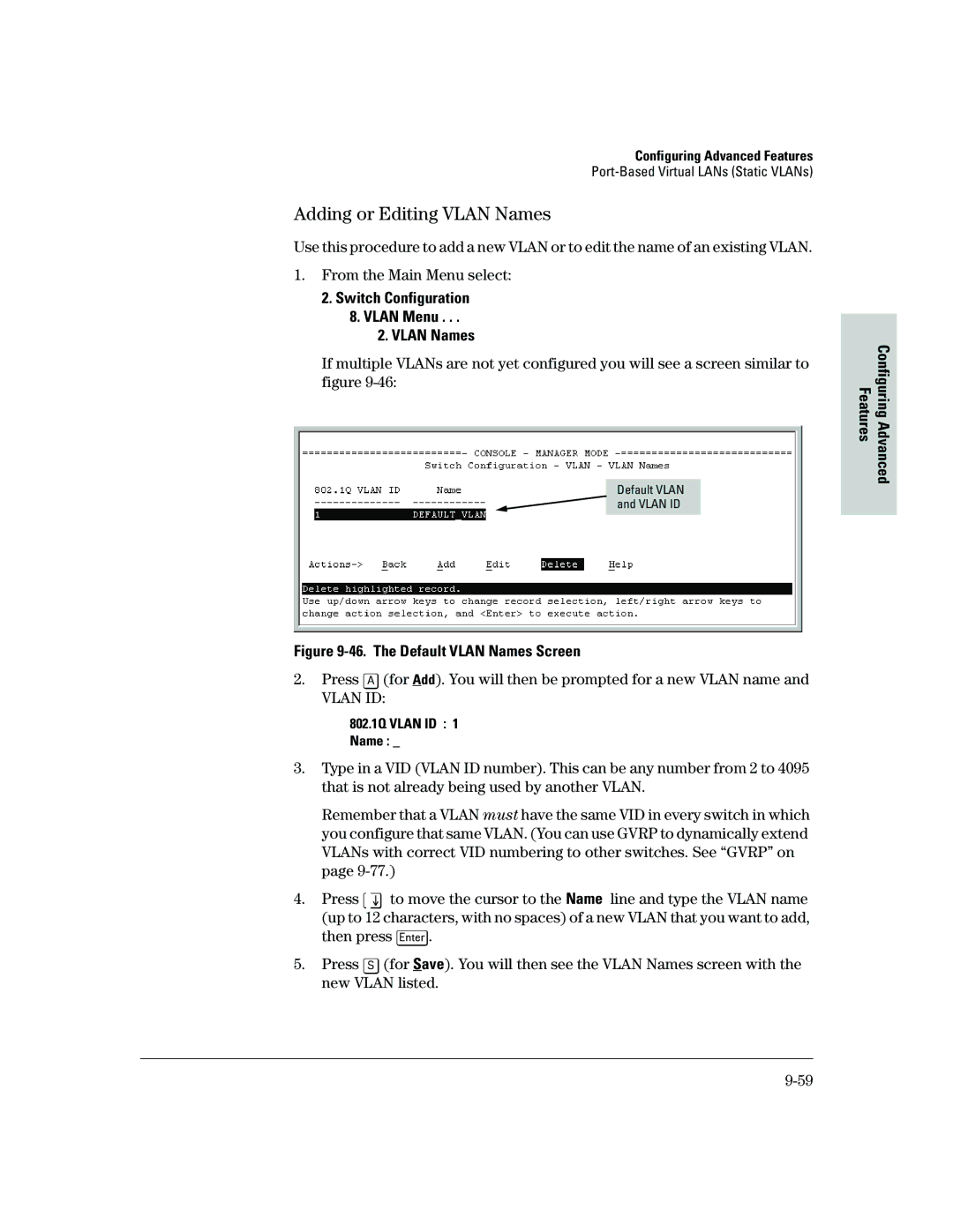 HP 2500 manual Adding or Editing Vlan Names, Switch Configuration Vlan Menu Vlan Names, 802.1Q Vlan ID Name 