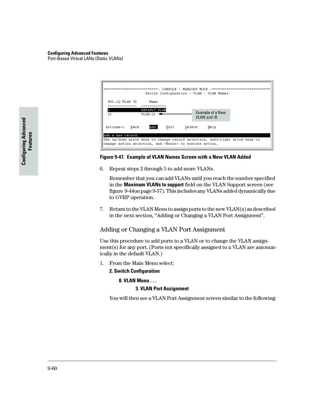 HP 2500 manual Adding or Changing a Vlan Port Assignment, Switch Configuration Vlan Menu Vlan Port Assignment 